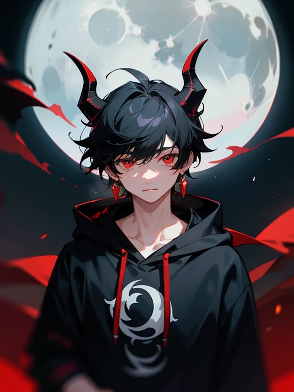 1 teen boy, scruffy black hair, bangs, red eyes, moon, dark night, long earrings, hoodie, horns, looking at viewer, upper body, no hands, fantasy aesthetics, highly detailed,