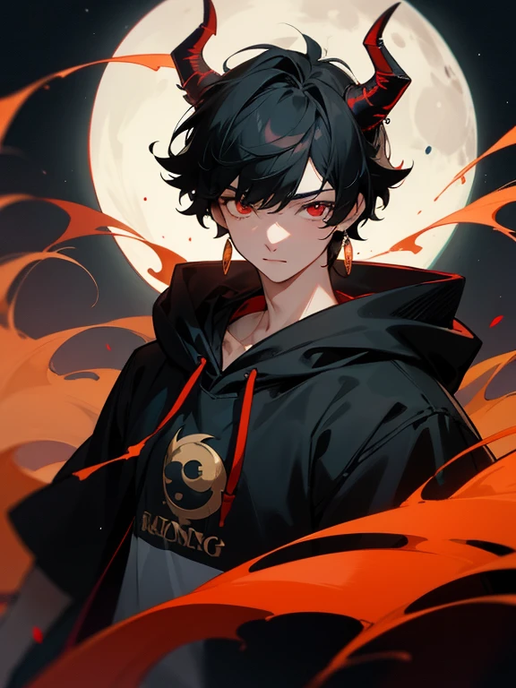 1 teen boy, scruffy black hair, bangs, red eyes, moon, dark night, long earrings, hoodie, horns, looking at viewer, upper body, no hands, fantasy aesthetics, highly detailed,