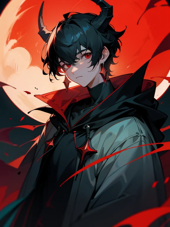 1  boy, disheveled black hair with slight red, hits, Red eyes, dark night, long earrings, Loose Hoodie, horns, fantasy aesthetic, Very detailed, sucking on a cute girl&#39;s nipple