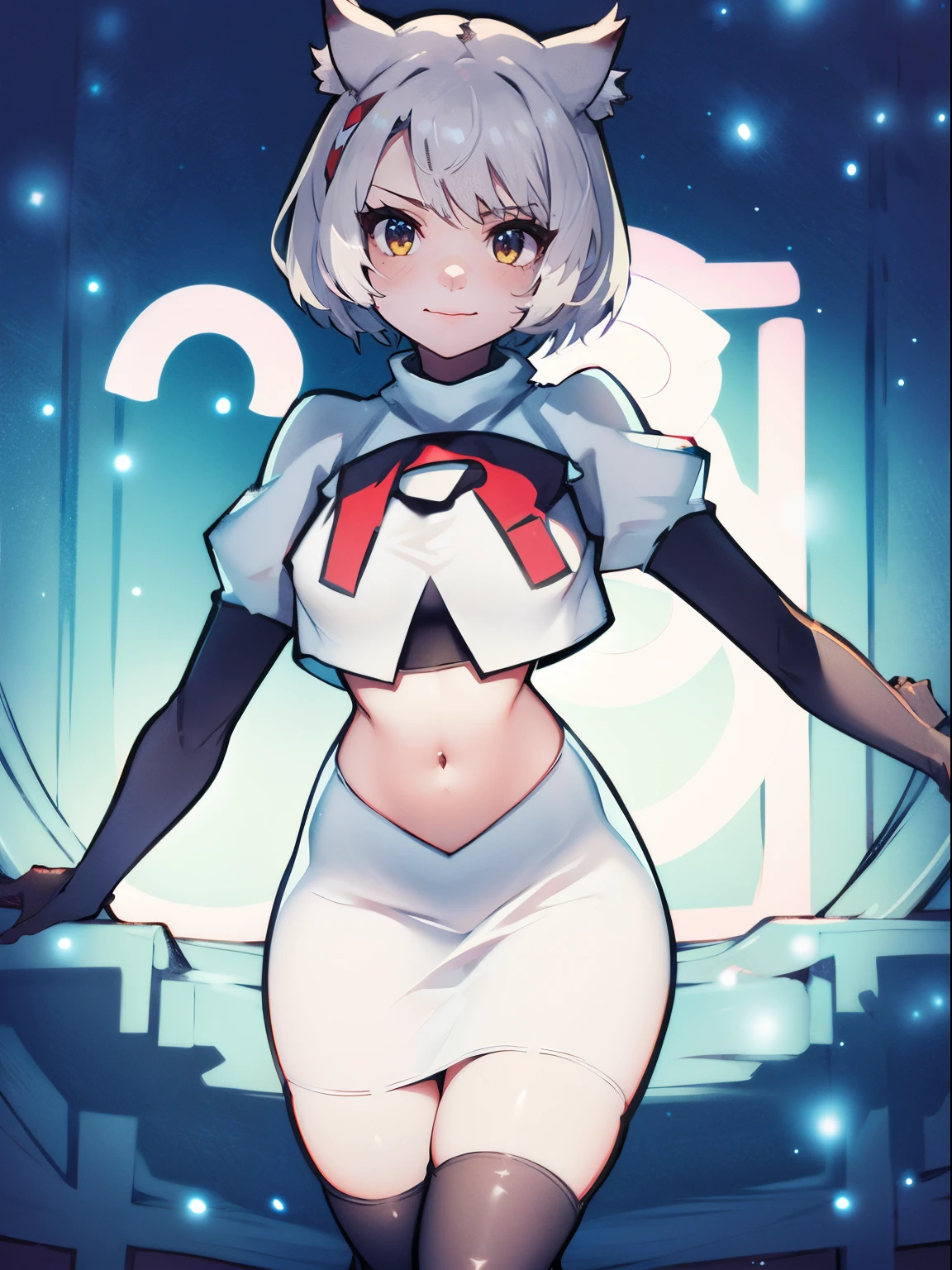 face of mio \(xenoblade\), 1girl,team rocket,team rocket uniform, red letter R, white skirt,white crop top,black thigh-high boots,black elbow gloves, cat ears, white hair