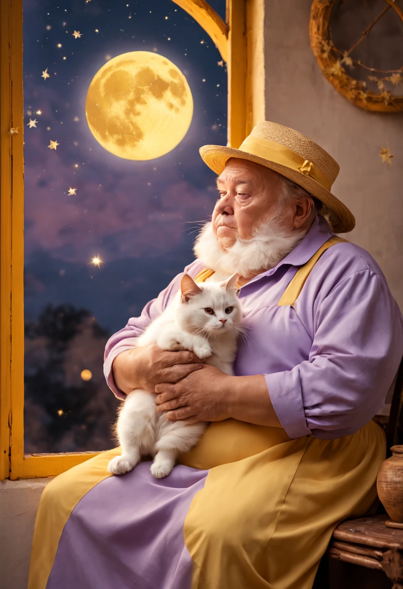 a fat old man, dressed in a light lilac dress, wearing a hat, holding a fat cat in his hands, sitting by the window under the warm light of a yellow full moon, stars in the sky, full moon, warm tones, yellow-lilac-blue color scheme, soft colors, ultra quality, 8k, HD