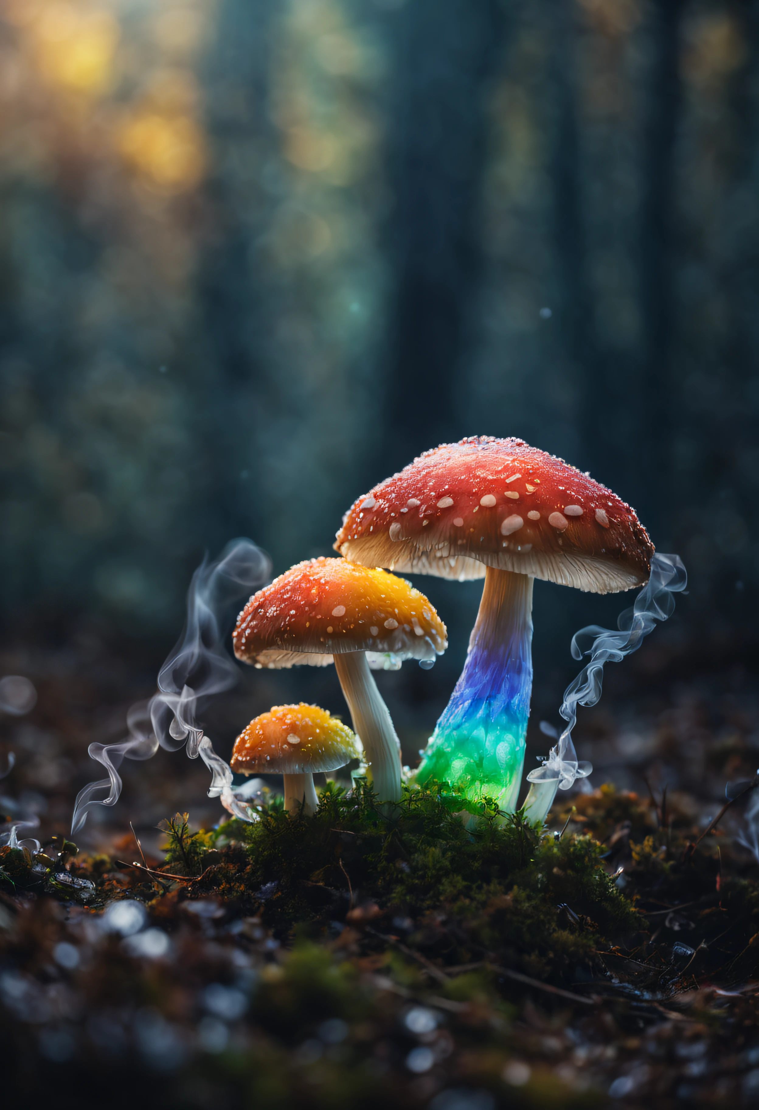 The main mushroom is frozen in ice during the freezing period.、covered with very large ice crystals、Mushrooms that have been eaten(((The inside of the mushroom appears to be filled with rainbow-colored smoke.)))、Mesmerizing surreal movie stills of Alice in Wonderland,、 magical dreamland bokeh background, A fascinating and eerie fantasy world, Illuminates dark shooting scenes with fantastic light。, Otherworldly elements of a familiar story, ether wonderland, mystic atmosphere, Dark magic and dark fantasy realism aesthetics, translucent bioluminescent material、Otherworldly luminescence、((Born in another world、A strangely shaped poisonous mushroom that emits bewitching smoke..,)) Ultra-realistic, (Voronoi pattern, depth of fields, (swirly bokeh:1.275), (Kodak Portra 400:0.875) :1.15), (Realistic and complex futuristic background,), (Turbulent Toxic Vapor:1.2, Magnificent surrealism, iridescent lighting, low key light:1.1), Notable masterpieces, celestial, Ethereal, epicd, Magical Light Flare, Natural, soft dreamy lighting, ((Warm Yellow and Deep Carbon:0.7), (Cinematic Look:1.15):1.15)