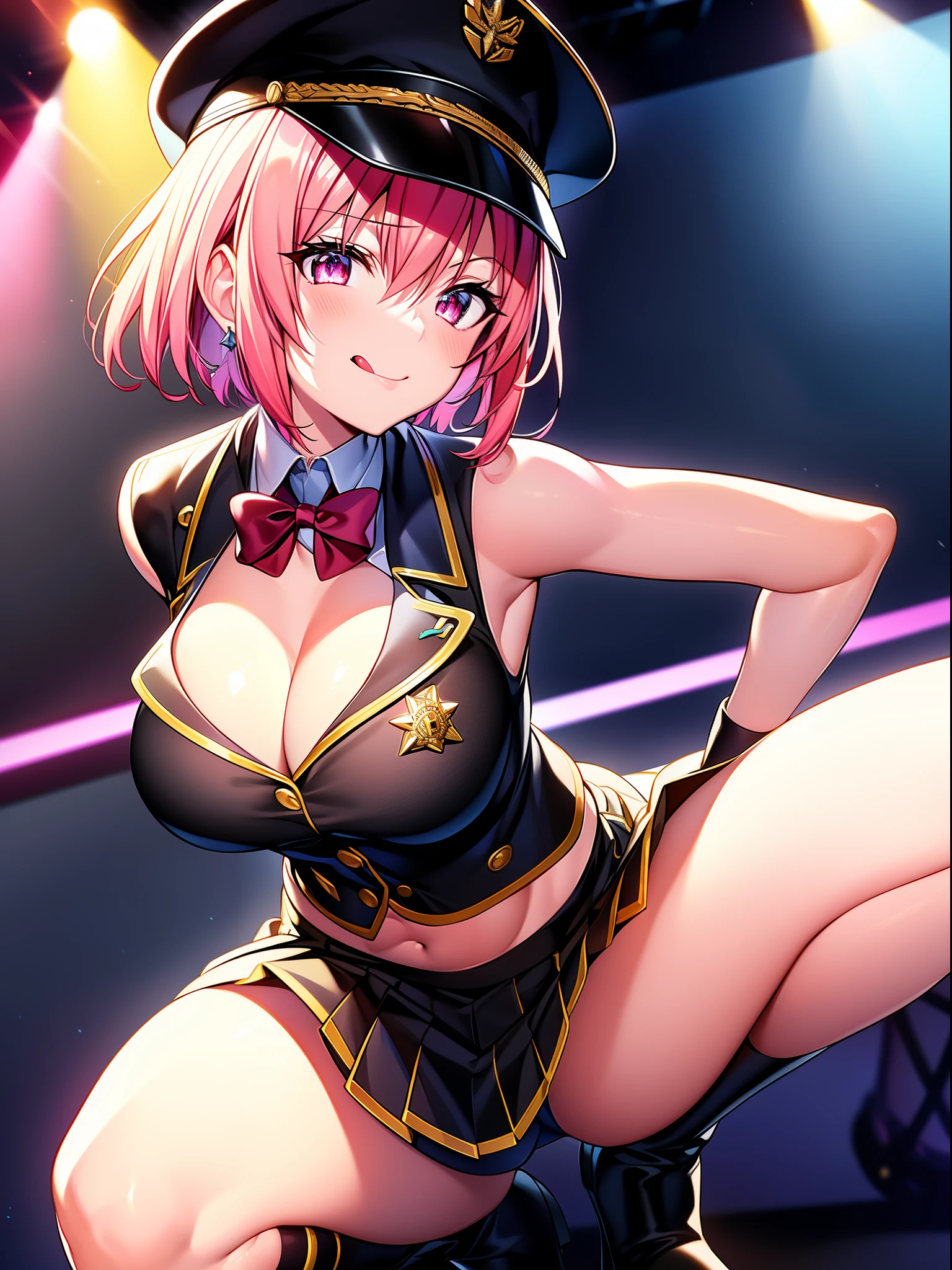 Highly detailed and realistic CG, Colorful, masutepiece, Perfect Anatomy, Best Quality, 1girl in, Solo, Pink hair, Shiny hair, Short hair, sideburns, Red Eyes, shiny eyes, (Crazy smile:1.2), (Evil smile:1.2), sadistic smile, grin, Skinny Legs, facing, Standing, Tube Top, Strapless, Shorts, Spiky boots, Spiky wristband, Idol Concerts, On stage, live performance, Open mouth, Big breasts, cleavage, Midriff, Navel, Black jacket, Black Military Cap, Tongue out, long tongue, Split tongue, put hands on the hip, stylish pose, Spotlight, Thigh strap, Fancy earrings, tusk, elbow groves, See-through inner, Cinematic Angle, looking through legs, Squatting,