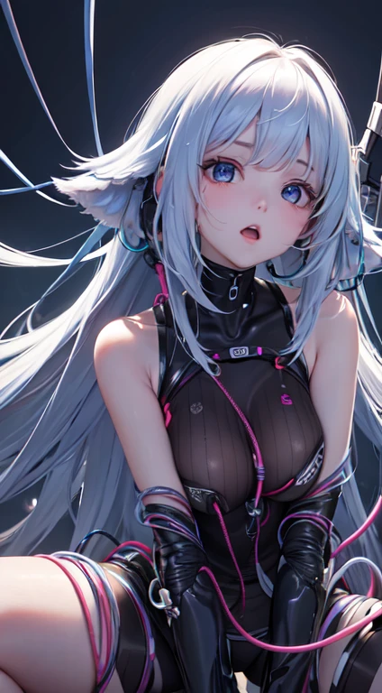 Generates an image of a girl-shaped android made up of a large amount of cables and wires、extremely delicate and beautiful、the detailed images、life-like、The abdomen is torn open, exposing large amounts of cables and wires.、Cables and wires connected throughout the body、Cables and wires are connected to the head、she is connected to the whole world network、The appearance of a beautiful girl、sitting on、Hollow eyes、Open mouth、The face is facing upwards、