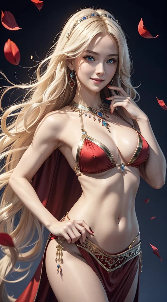 A 23-year-old white woman with unparalleled beauty.、blue eyess、platinum-blonde、White skin、hair is wavy、Longhaire、The ends of the hair are curled upwards、a smile、Wearing a sexy red belly dance dress、dancing belly dance、Detailed art nouveau background、The navel is out、My abs are cracked、Slender yet well-proportioned muscular body、Photorealistic images、8K picture quality、I'm punching my chest、I don't want my head to disappear from the screen.、Wearing accessories on your wrist、wearing red nail polish、uses a bright red cloak、A lot of flower petals are dancing around me、The area of the loin cloth is smaller、I wear a circlet on my forehead