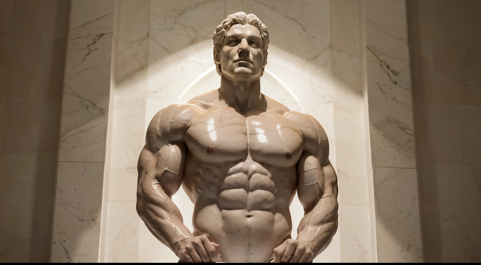 A white marble statue personifying a muscular leader in a firm and wise pose, with an expression of confidence, strategically illuminated by soft lights that highlight your authority, sobre un fondo oscuro que intensifica su presencia.