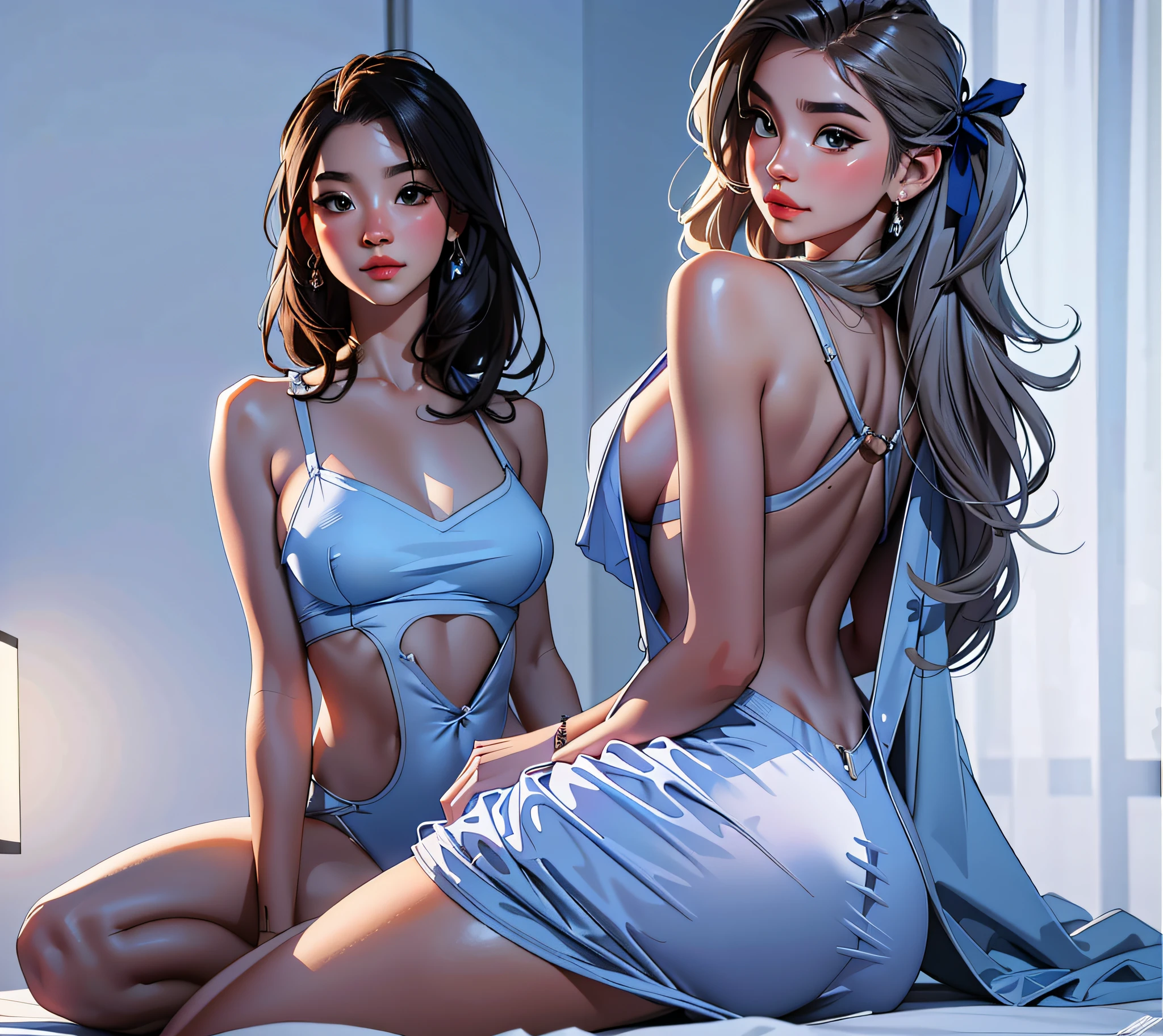 dos mujeres en trajes azules sentados en una cama, Modelo IG | Artgerm, Artgerm extremadamente detallado, Estilo Artgerm, Estilo de Artgerm, Artgerm. Anime illustration, Dos hermosas chicas de anime, Como Artgerm, Tendencias en CGVatstation, Al estilo de Ross Tran, al estilo de Artgerm