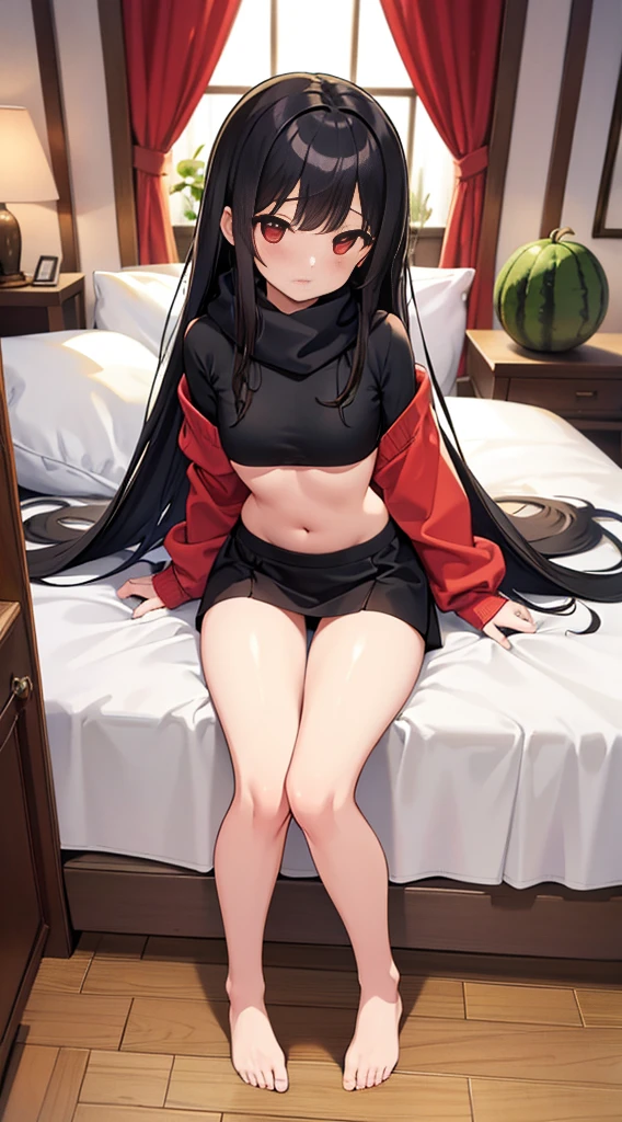 (masterpiece: 1.2), (high resolution), (best quality: 1.3), (ultra detailed: 1.2), (illustration: 1.2), (1 girl: 1.2), (solo: 1.2), cute, loli, large boobs , skin tight black crop top, long black hair, (long straight hair, scarf red), athletic physique, perfect hands, , no shoes, only one person in photo, young girl, age rfect finger,perfect hands, Highest Quality, Highest Resolution, perfect background, perfect perspective, sharp image, perfect details, perfect lighting, perfect shadows, Perfect lighting, Best background, Vannamelon, long black hair, red eyes, hair blush, full body, thong, behind view, blushing, bent over, indoors, thighs, SFW, standing,large chest,anime eyes , cropped hoodie underboob, wide hips