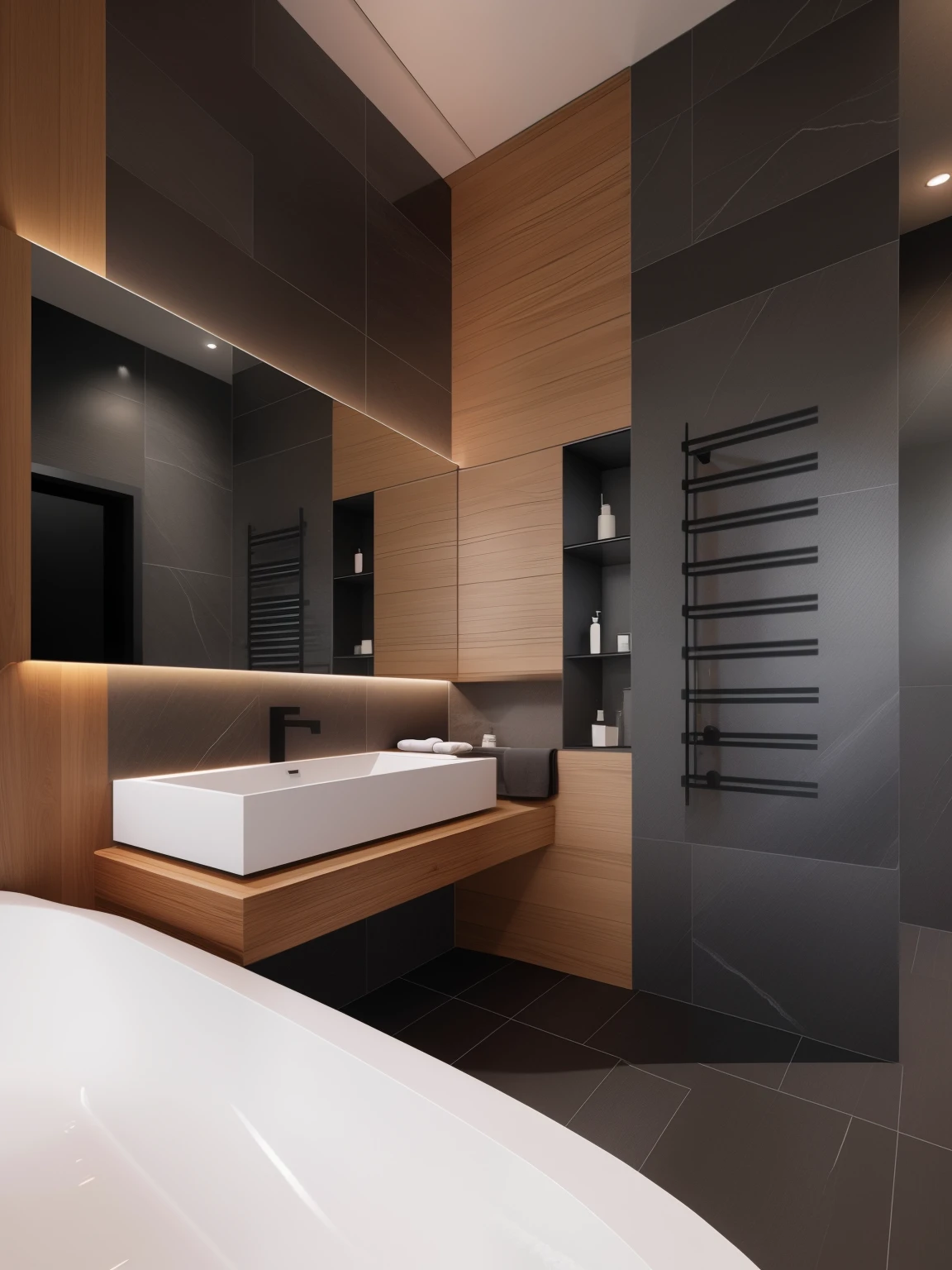 a close up of a bathroom with a large white bathtub, premium bathroom design, simple clean lines, elegant minimalism, black vertical slatted timber, dark and modern, black color scheme, low details and clean lines, modern bathroom, dramatic contrast lighting, clean and pristine design, modern minimal design, dramatic ambient lighting, functional and elegant look, modern design, manly design