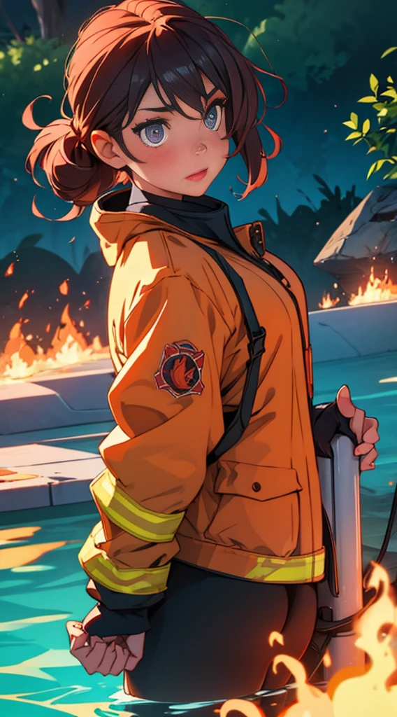 Animated girl wearing fire fighter uniform with water and fire in her eyes