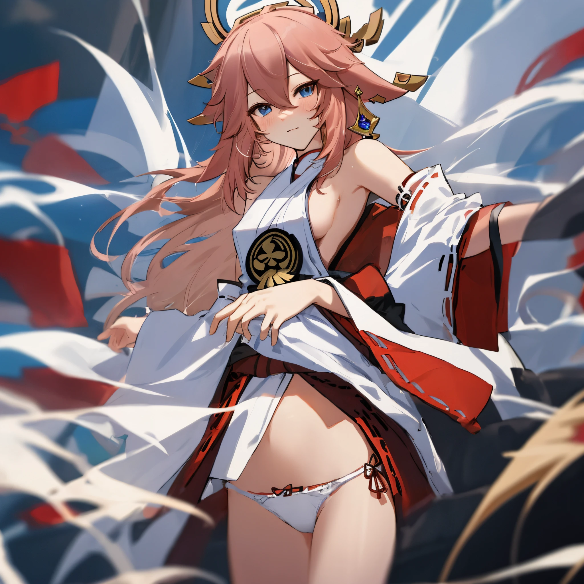 Yae miko , white underwear , no top , messy hair