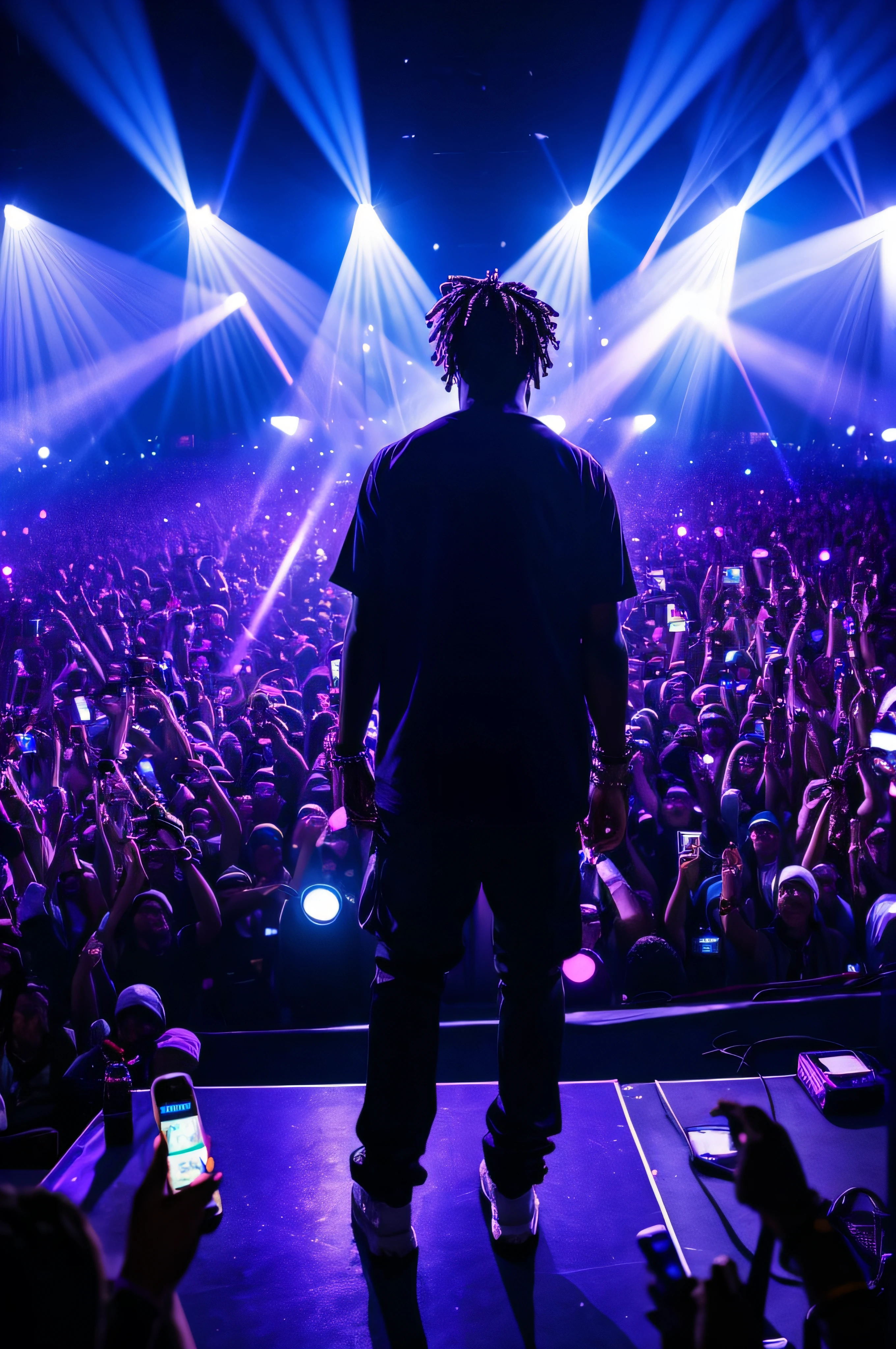 Juice WRLD on stage facing away towards a crowd, thousands of phone lights are seen. The stage is illuminated in purple and blue lighting