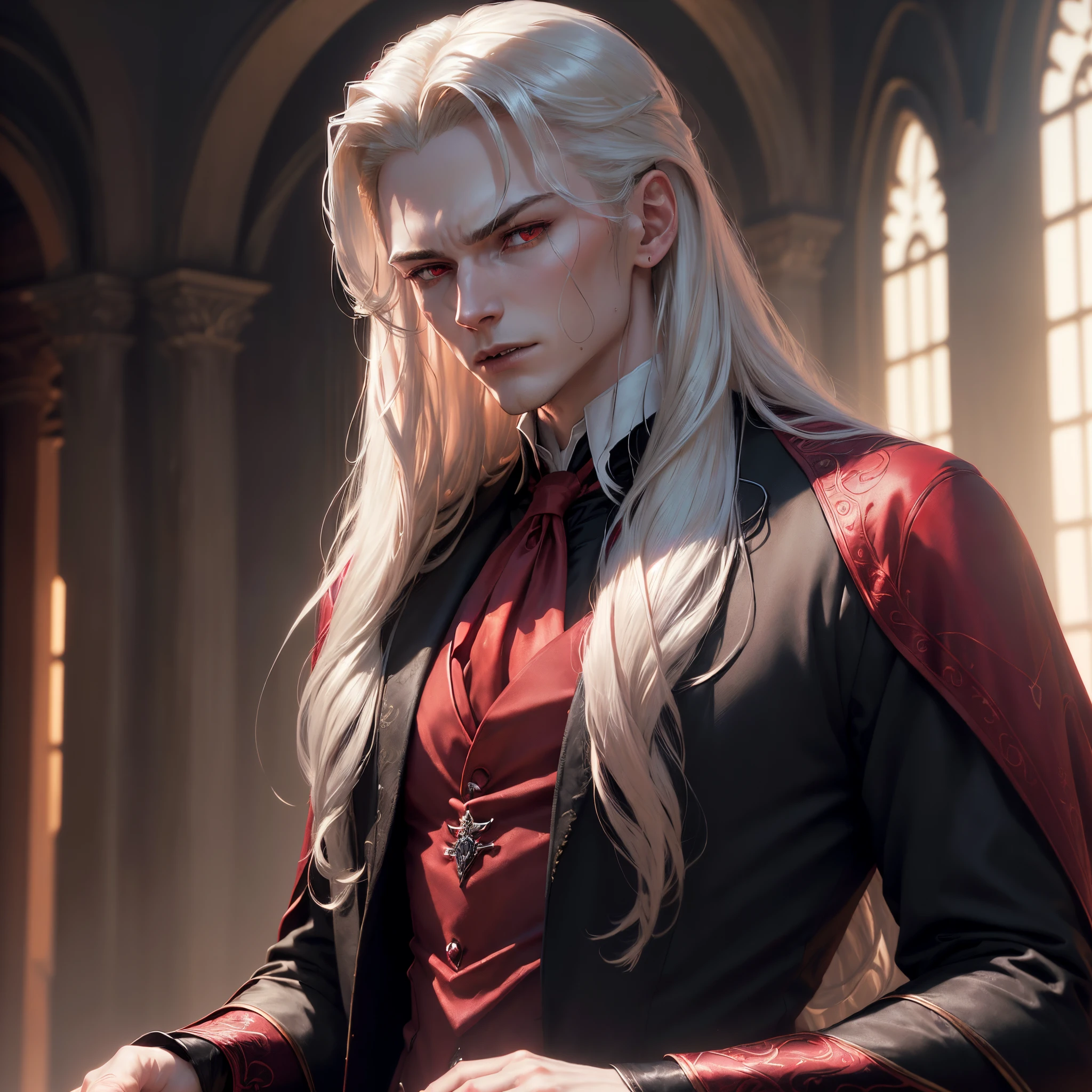 ((1male, solo, male_focus), Vampire, ((Vampire King, Caius Volturi)), long silver blonde hair, hair pushed back, handsome face, full_body, tailored suit, pale skin, ivory skin, mature, Red eyes, handsome, formal_attire, renaissance_attire, ((Black with red highlights attire) Rubys)) (High-Definition, Sunlight:0.5, Soft_Shadows:0.5, Atmospheric_lighting, 8k, 4k, hyper-realistic, elegant, ((((cinematic appearance)))), soft tones, soft cinematic lights) ((portrait, close_up)) (((Red crimson eyes)))