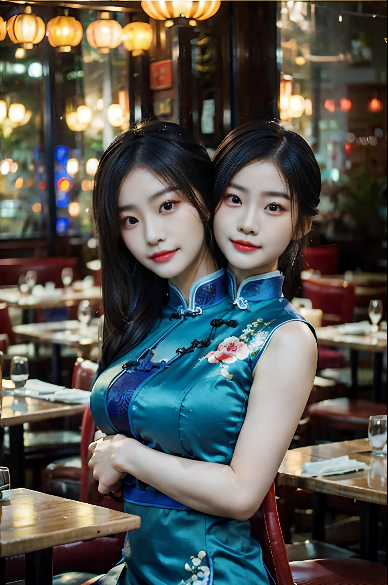 best resolution, 2 heads, half-body shot,asian woman with two heads, blue qipao, different hairstyles, chinese restaurant background,