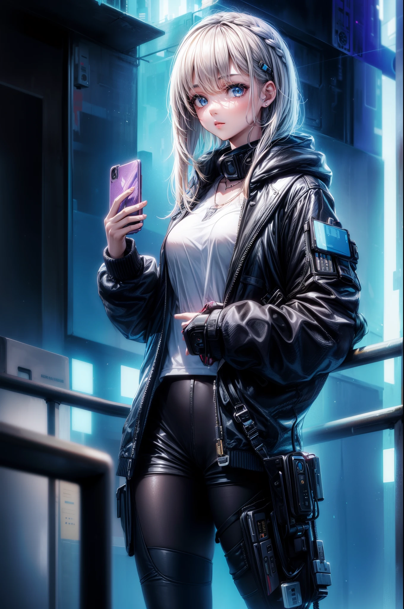 ((Beautiful girl holding mobile phone in hand)) 4K 8K:: actual::4 Cyberpunk::1 --v 4 --Quality 2