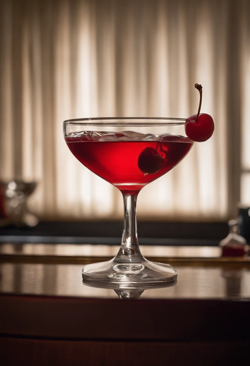 A stylish, close-up photo of a half-finished cocktail with a single cherry resting in the bottom of the glass,Mad Men TV Series,Don Draper, the enigmatic protagonist of the TV series “Mad Men,” is the epitome of 1960s advertising glamour with a complex and often mysterious persona. He is typically seen in impeccably tailored suits, symbolizing his high status in the advertising world and his attention to appearance as a tool for success. Draper’s classic, handsome features, characterized by a strong jawline and slicked-back hair, add to his charismatic yet inaccessible aura.
