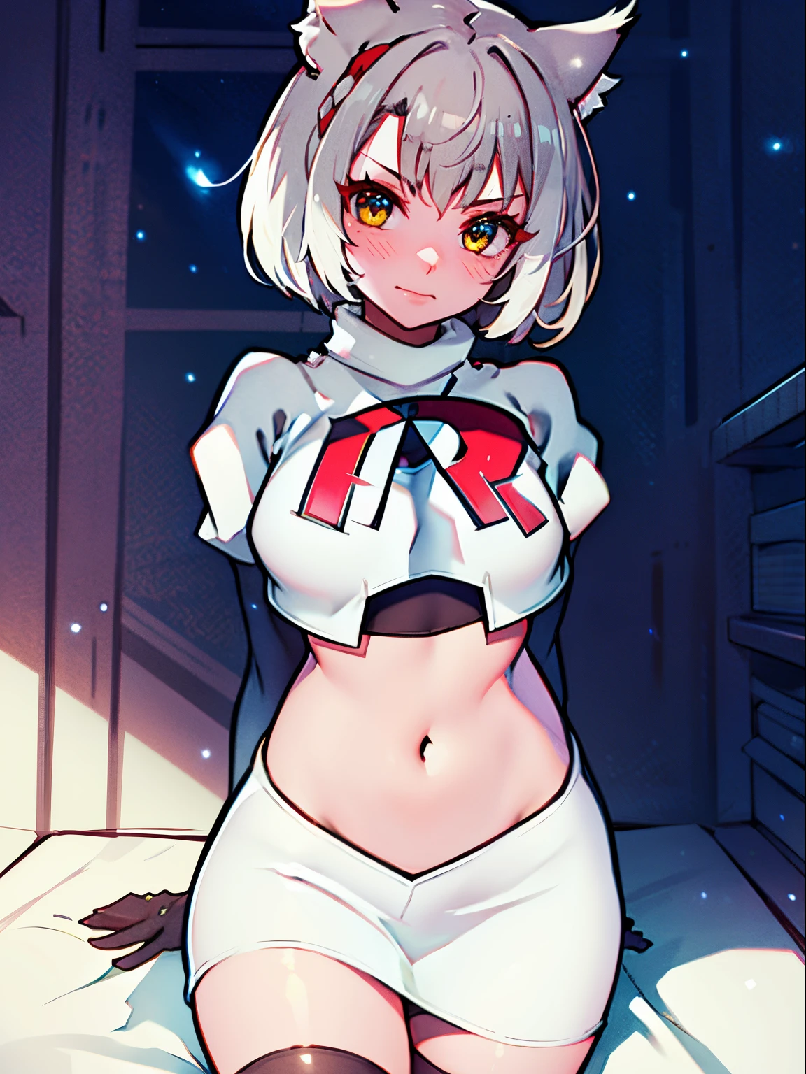 face of mio \(xenoblade\), 1girl,team rocket,team rocket uniform, red letter R, white skirt,white crop top,black thigh-high boots,black elbow gloves, cat ears, white hair
