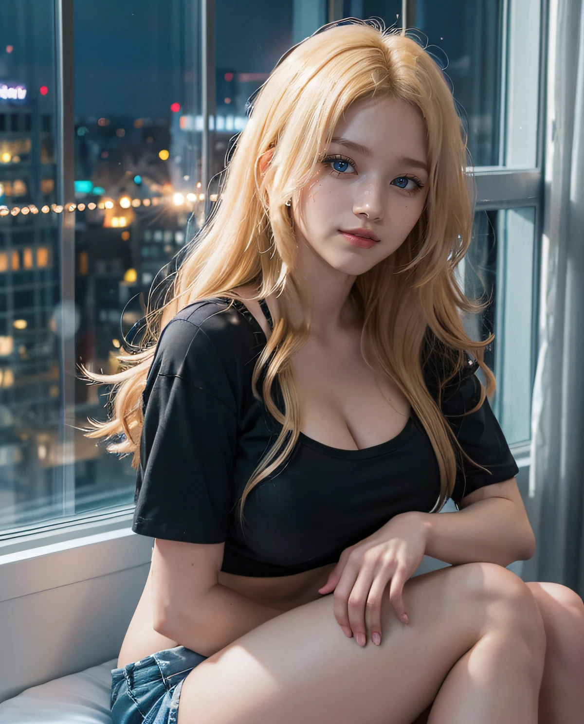 1girl, (Blue eyes), (Smile), (Sana Minatozaki), wide hips, Big Boobs, big ass, round butt, (Best Quality, 8k, Masterpiece: 1.3), perfect hands, Clear Focus: 1.2, Perfect Body Beauty: 1.4 , Slender Abs: 1.2, Highly detailed face and skin texture, detailed eyes, double eyelids, ((close-up at face :1.3)), (blonde long hair), (black cleavage t-shirt), (mini shorts), sitting, in bed, at night, window with city in the background