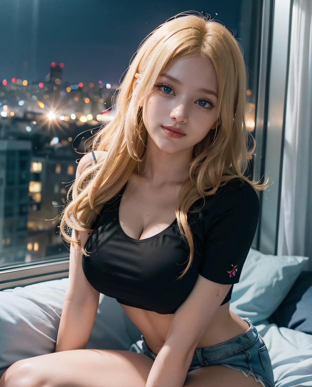 1girl, (Blue Eyes), open mouth, (Sana Minatozaki), wide hips, Big Boobs, big ass, (Best Quality, 8k, Masterpiece: 1.3), perfect hands, Clear Focus: 1.2, Perfect Body Beauty: 1.4 , Slender Abs: 1.2, Highly detailed face and skin texture, detailed eyes, double eyelids, red lips(blonde long hair with bangs), (close-up at chest :1.3), (cleavage tanktop), (skinny jeans), sitting on a heart shaped bed, in a room, deep on field