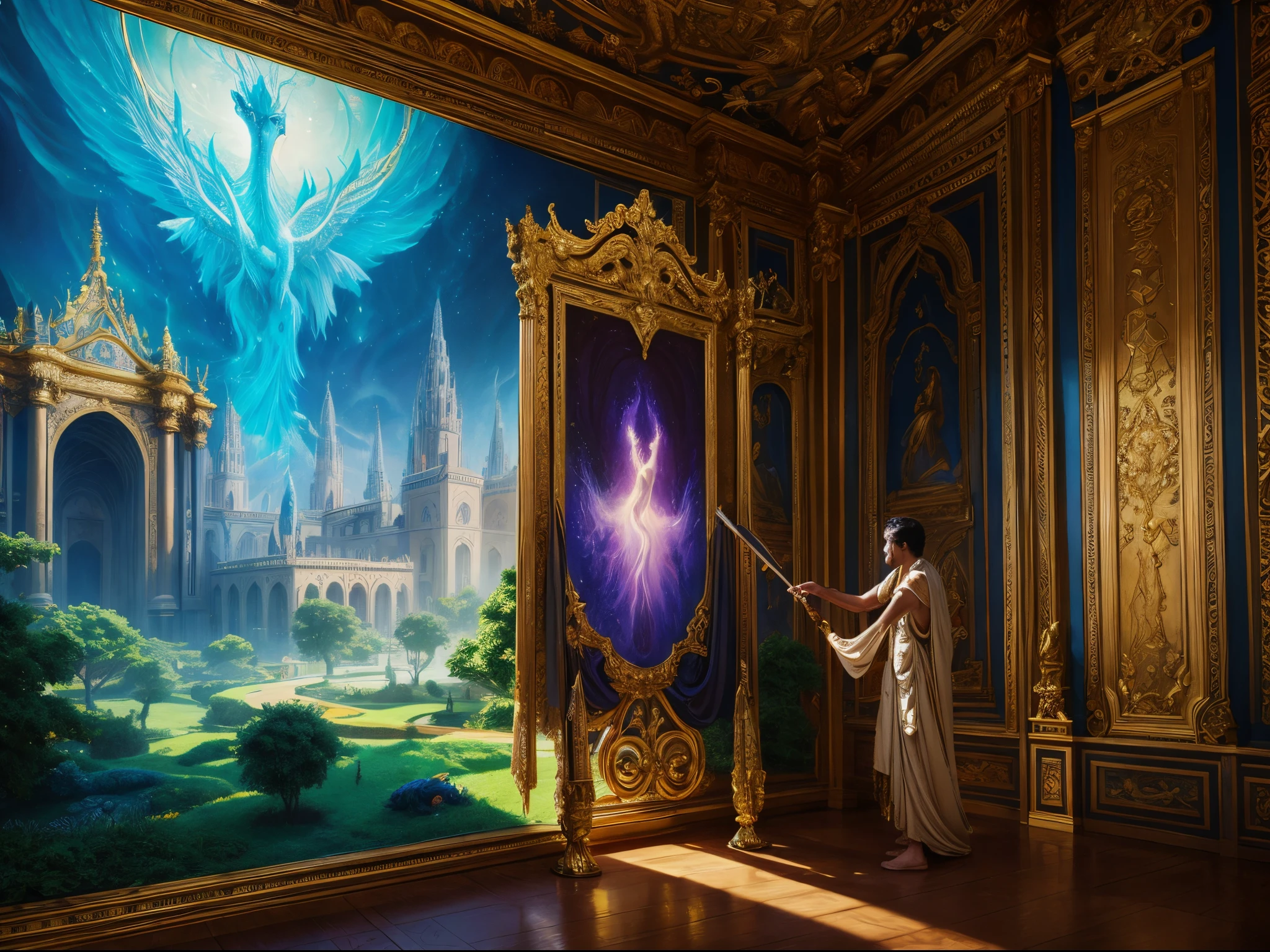 Amidst an opulent palace, a painter uses a magical brush that brings their vivid imagination to life on a canvas. Mythical creatures and ethereal landscapes emerge, captivating the court and transcending the boundaries of reality.