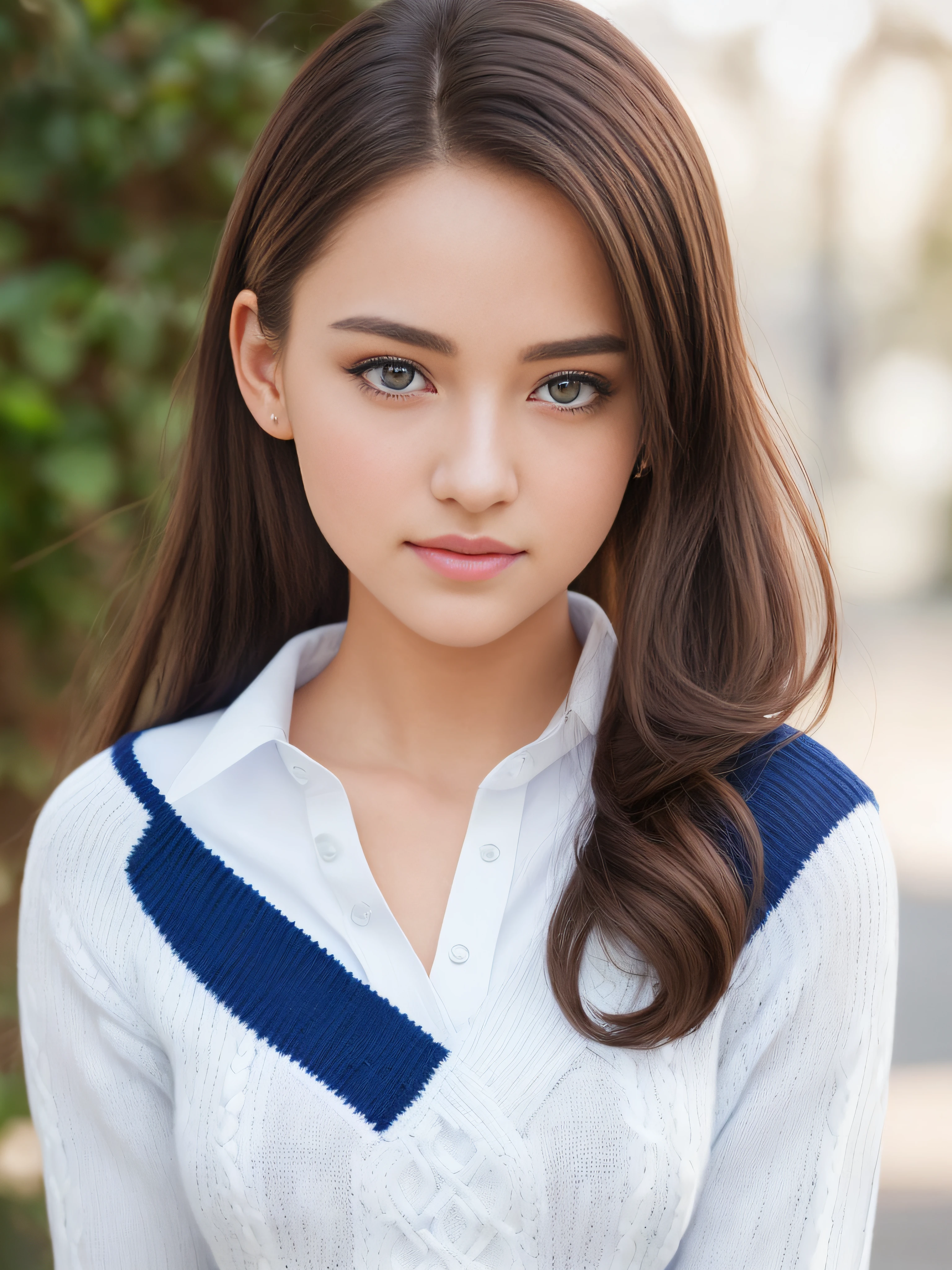 full body portrait of a stunningly beautiful student girl without make-up, 17 years old, /(perfect and detailed hands, fine fingers, perfect and highly detailed eyes, perfect face, perfect and athletic body,), /(long light brown hair in ponytail, triangular face, perfect brown eyes, shapely legs, hourglass body, sexi,), /(school uniform: blues sky sweater, white blouse, white miniskirt, dark blue socks,) extremely detailed light hazel eyes, detailed symmetric realistic face, extremely detailed natural skin texture, peach fuzz, masterpiece, absurdres,
