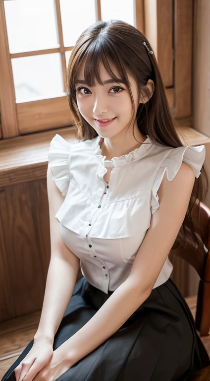 ((masterpiece, best quality)), ((super high resolution)), (photo realistic), best shadow, high detail, very detailed, (nice hands, perfect hands), (face focus:1.2), ((1girl)), beautiful girl, 18 years old, brown eyes, (brown middle hair1.5), (big breasts:1.3), (right smile:1.3), glossy skin, (view from front:1.3), (very slender:1.3), (cute face:1.3), (look at viewer:1.4), kawaii face, angel face, droopy eyes, (thin eyebrow:1.4),japanese natural makeup, thin lips, detailed facial features, facial and skin texture, Crisp focus, perfect beautiful body and face, cute childish face, perfectly in focus, (sleeveless frilled white blouse:1.4), (black long skirt:1.4), long bangs, in the cafe, (cowboy shot:1.4), japanese famous idol, (sitting on the chair:1.3), cross legs