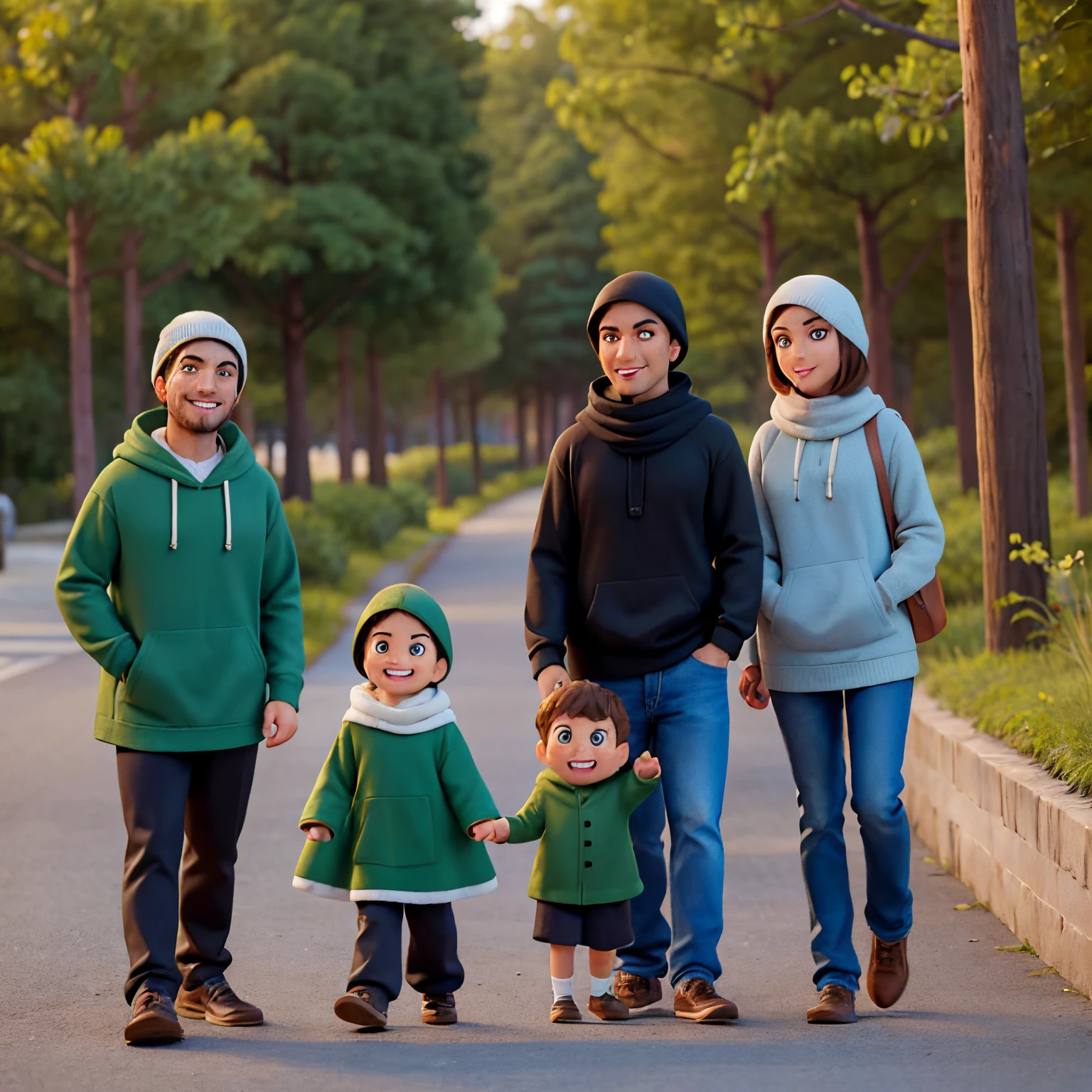 1 male, black eyes, brown hair, scholarly temperament, green hoodie wear, black cape, adult, handsome, regular man, broad shoulders, fine eyes and detailed face, smile (front him) 1 female, brown eyes, cover head with black scarf, adult, beautiful face, smile, in street in forest, jut two in the picture