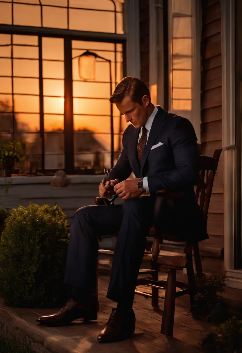 A photo of Jim sitting on his porch, sharpening his tools as the sun sets in the background,Gotham,Jim has very short brown hair, styled neatly. Wears a suit and tie, is a detective, famously portrayed by Ben McKenzie