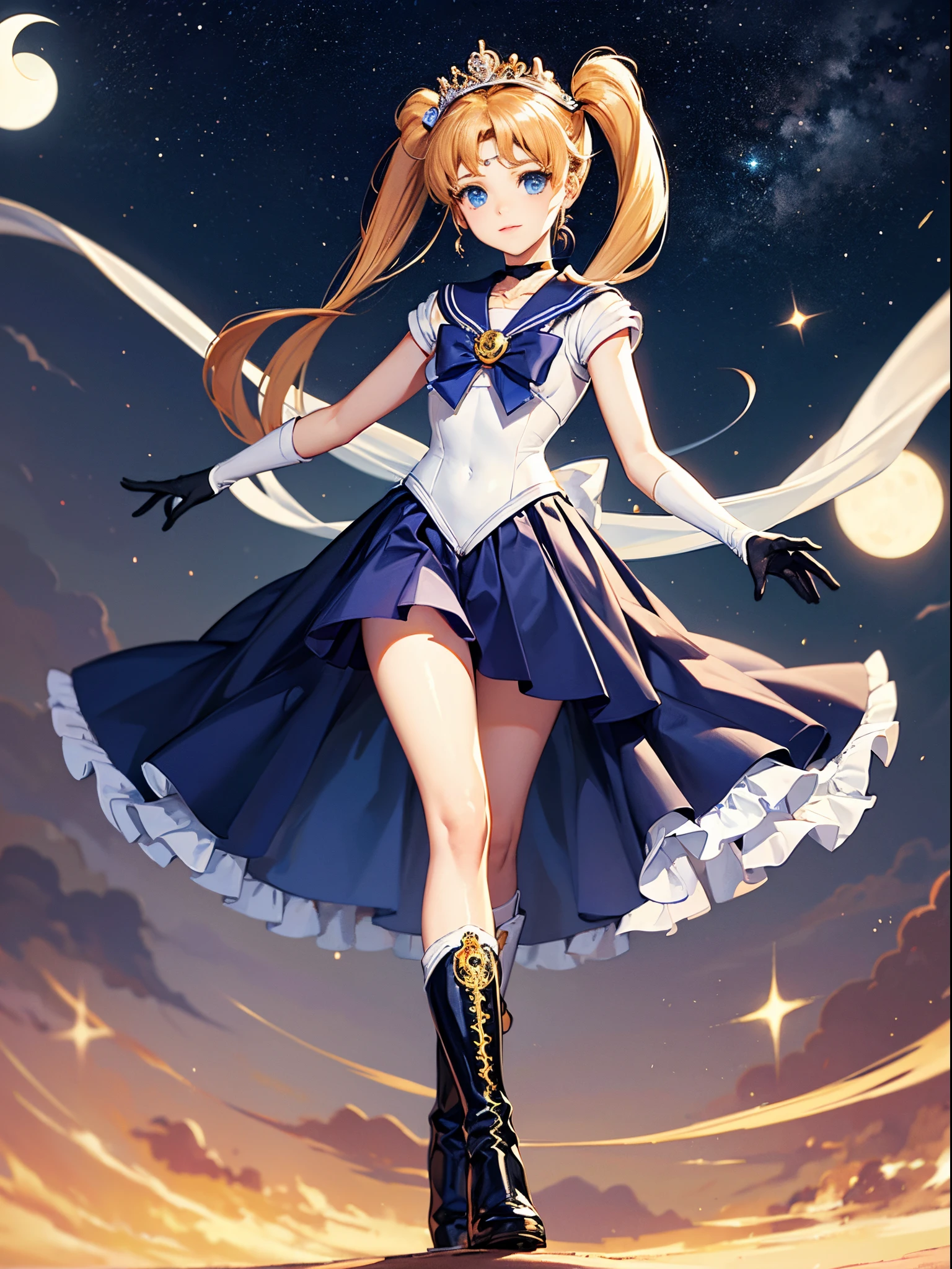 sailormoon、uniform with sailor collar、Blue or white、front red ribbon front（crescent）

a blond、long twintails、She wears a small tiara on the inner corner of her blue eyes, which are held together with a ribbon at the back.、Designed with a crescent moon symbol、glove
boots: Sailor Moon wears tall boots、This is also a design that harmonizes with the uniform.。