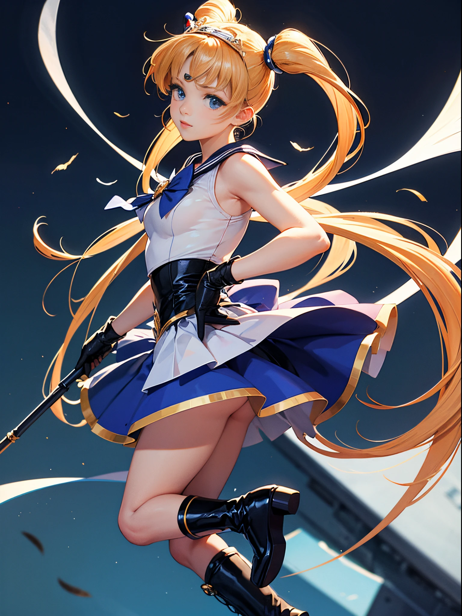 sailormoon、uniform with sailor collar、Blue or white、front red ribbon front（crescent）

a blond、long twintails、She wears a small tiara on the inner corner of her blue eyes, which are held together with a ribbon at the back.、Designed with a crescent moon symbol、glove
boots: Sailor Moon wears tall boots、This is also a design that harmonizes with the uniform.。