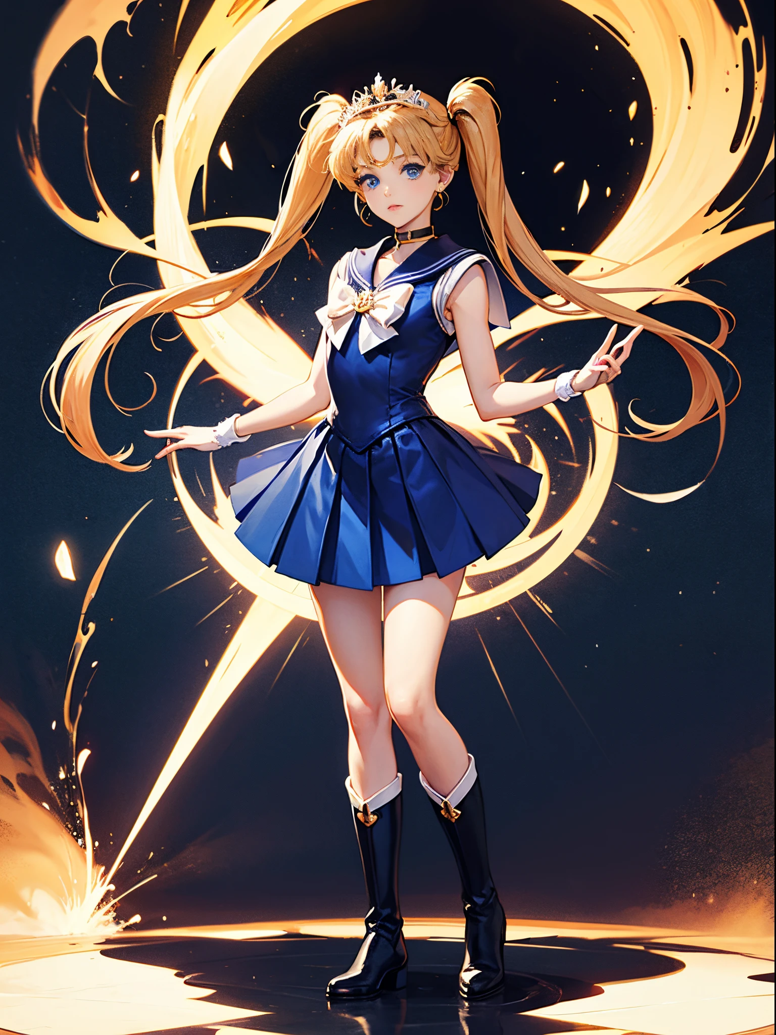 Masterpiece, Best Quality, High Resolution, Venus1, 1Girl, Solo, Sailor Warrior Uniform, Sailor Venus, Minako Aino, Blonde, Magical Girl, Blue Eyes, Orange Skirt, Elbow Gloves, Headgear, Pleated Skirt, Bow, Orange Sailor Collar, Miniskirt, Choker, Red Bow, Orange Choker, White Gloves, Extra Long Hair, Jewelry, Earrings, Cowboy Gun, Outdoor,
