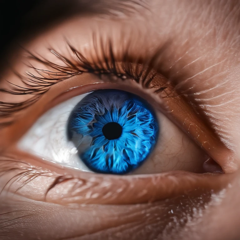 macro photo of an eye with blue iris, masterpiece, best quality, photograph, dreamlike, face focus, intricate details, sharp focus, photography, photorealism, photorealistic, 8k, soft focus, detailed iris, blood vessels in eye,