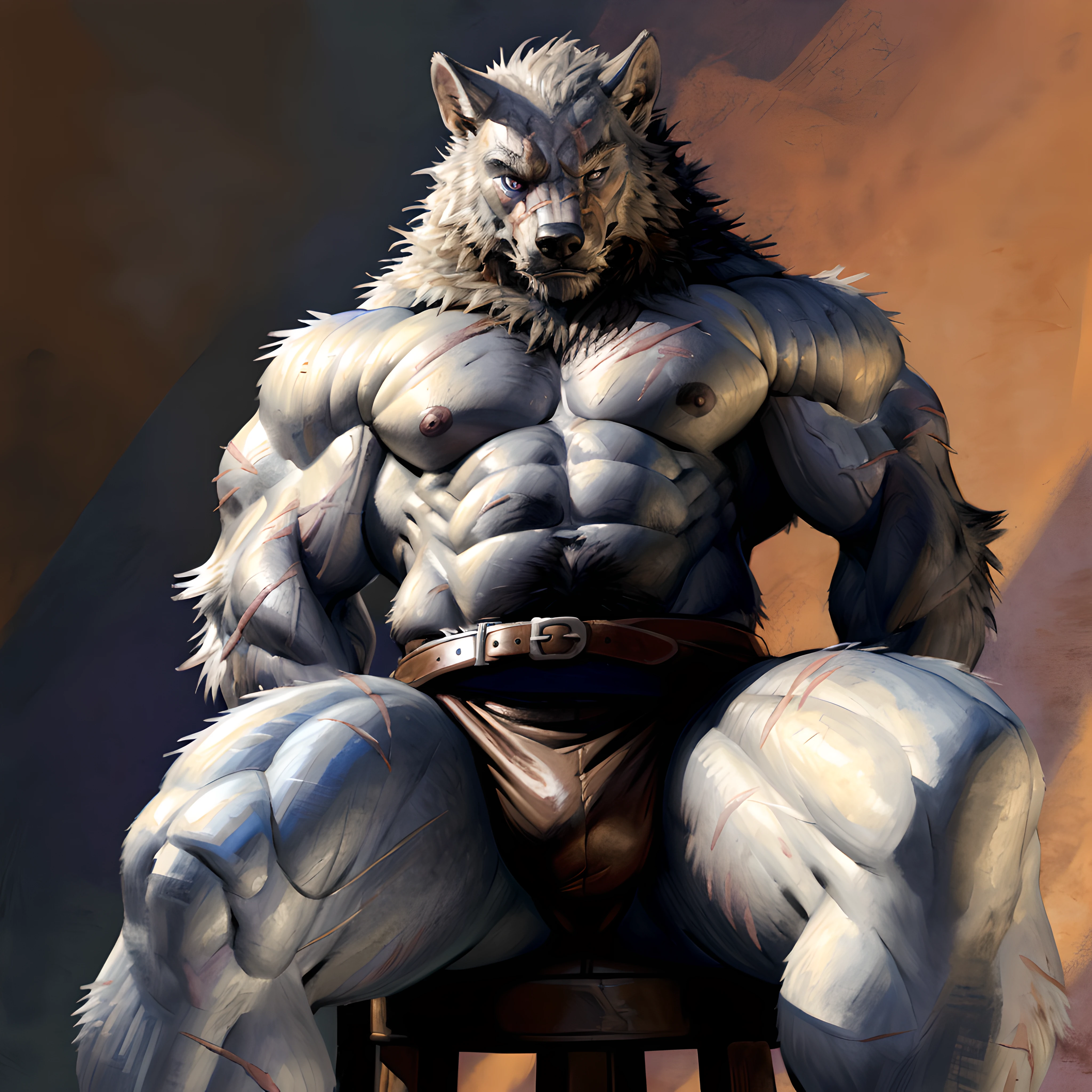 blaidd (elden ring), furry body, (very muscular, very heavyweight, very thick build:1.6), (pectorals, strong chest, muscular arms, muscular legs, sixpack:1.1), scars on body, bare chest, male, masculine, 4k, high resolution, detailed, correct anatomy, correct proportions, (dark fantasy background:1.2), (by wfa, by negger, by virtyalfobo, by taran fiddler:1.0), detailed shading, detailed lighting, detailed, sexy, strong, proud, brown leather underwear, belt, belt buckle, purple eyes, detailed eyes, looking at camera, (front view:1.2), (sitting, spread legs:1.1)