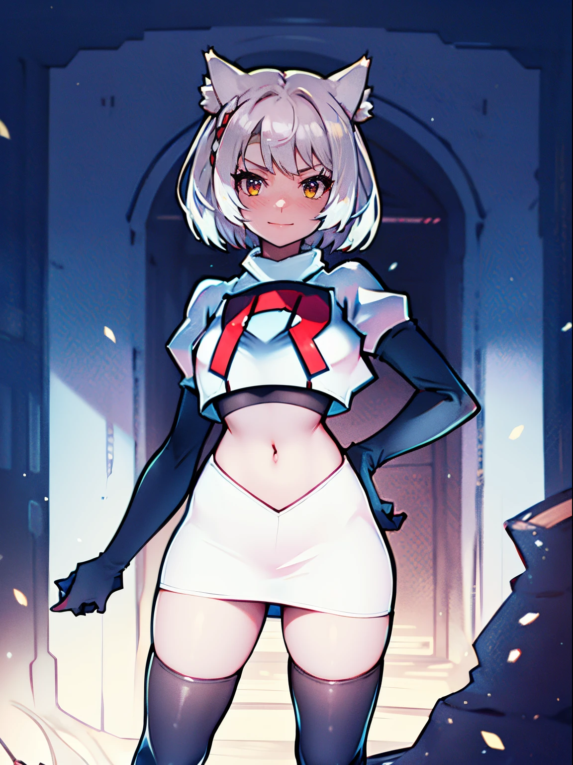 face of mio \(xenoblade\), 1girl,team rocket,team rocket uniform, red letter R, white skirt,white crop top,black thigh-high boots,black elbow gloves, cat ears, white hair