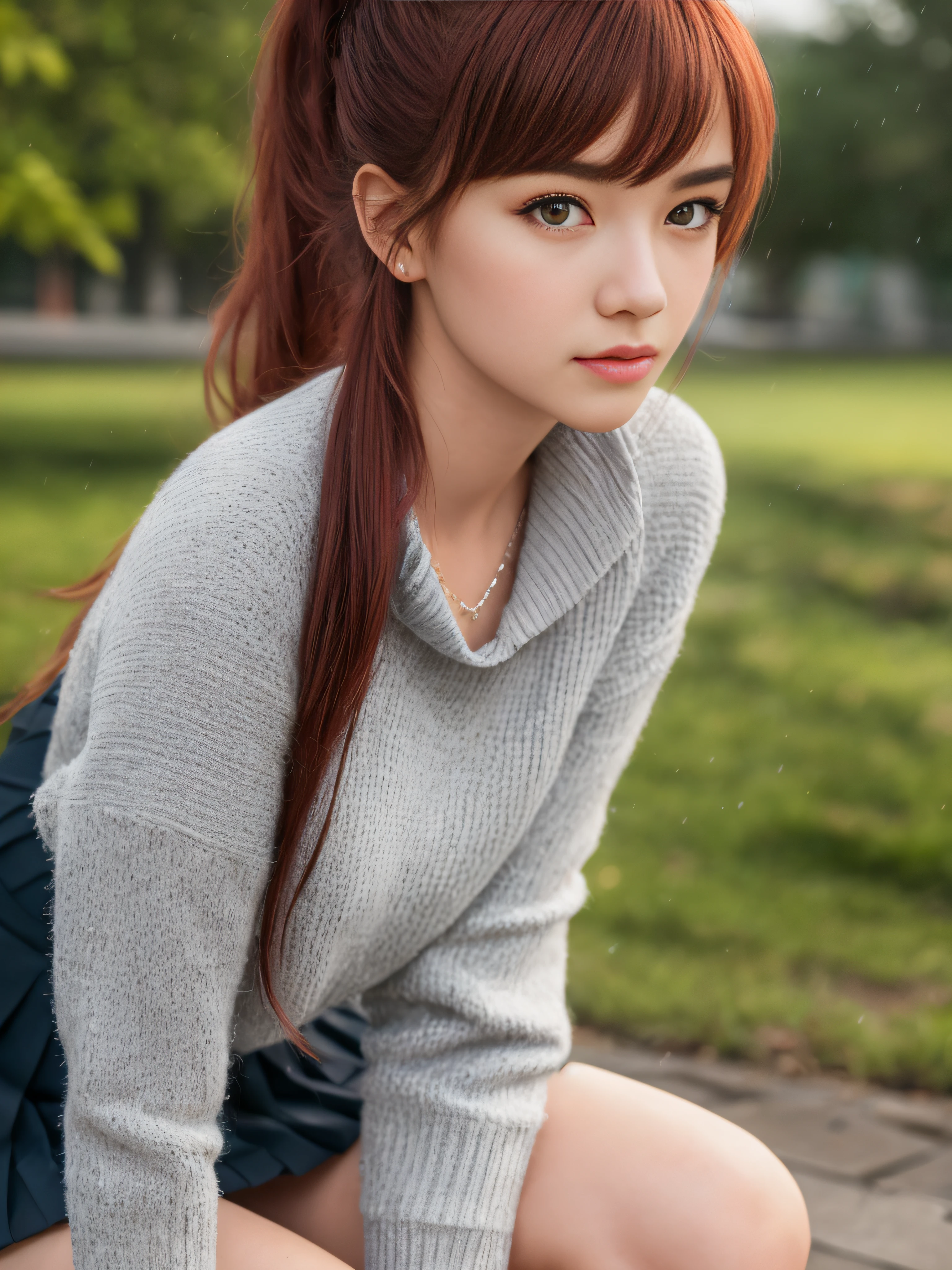 A beautiful schoolgirl, 17 years old, in a park walking in the rain, long straight red hair combed in a ponytail, white skin, emerald green eyes, casual clothes, short black dress, white knee socks, gray fitted sweater with sleeves, extremely detailed light hazel eyes, detailed symmetric realistic face, extremely detailed natural skin texture, peach fuzz, messy hair, masterpiece, absurdres, nikon d850 film stock photograph, kodak portra 400 camera f1.6 lens, extremely detailed, amazing, fine detail, rich colors, hyper realistic lifelike texture, dramatic lighting, cinestill 800 tungsten, raw photo, high quality, highres, sharp focus, extremely detailed, cinematic lighting, 8k uhd