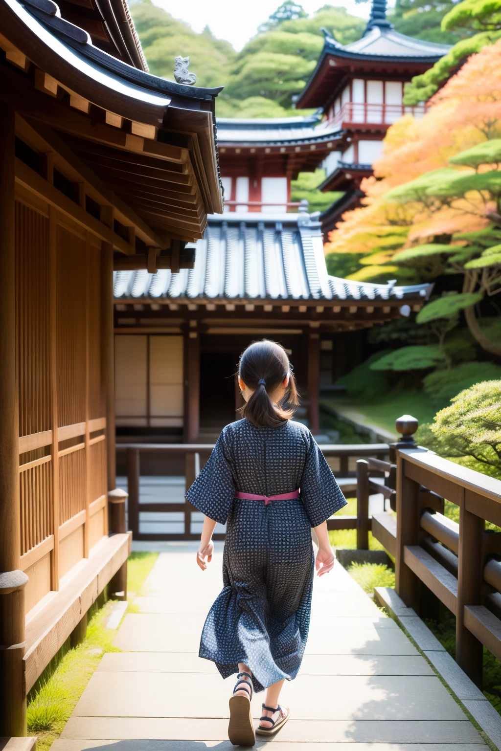 woodblock print and ink、the turned around、Clothing product samples、kawaii、A smile、Eye Color Contacts、accessorized、full body Esbian、Walking、夏天、Kinkakuji Temple in Kyoto