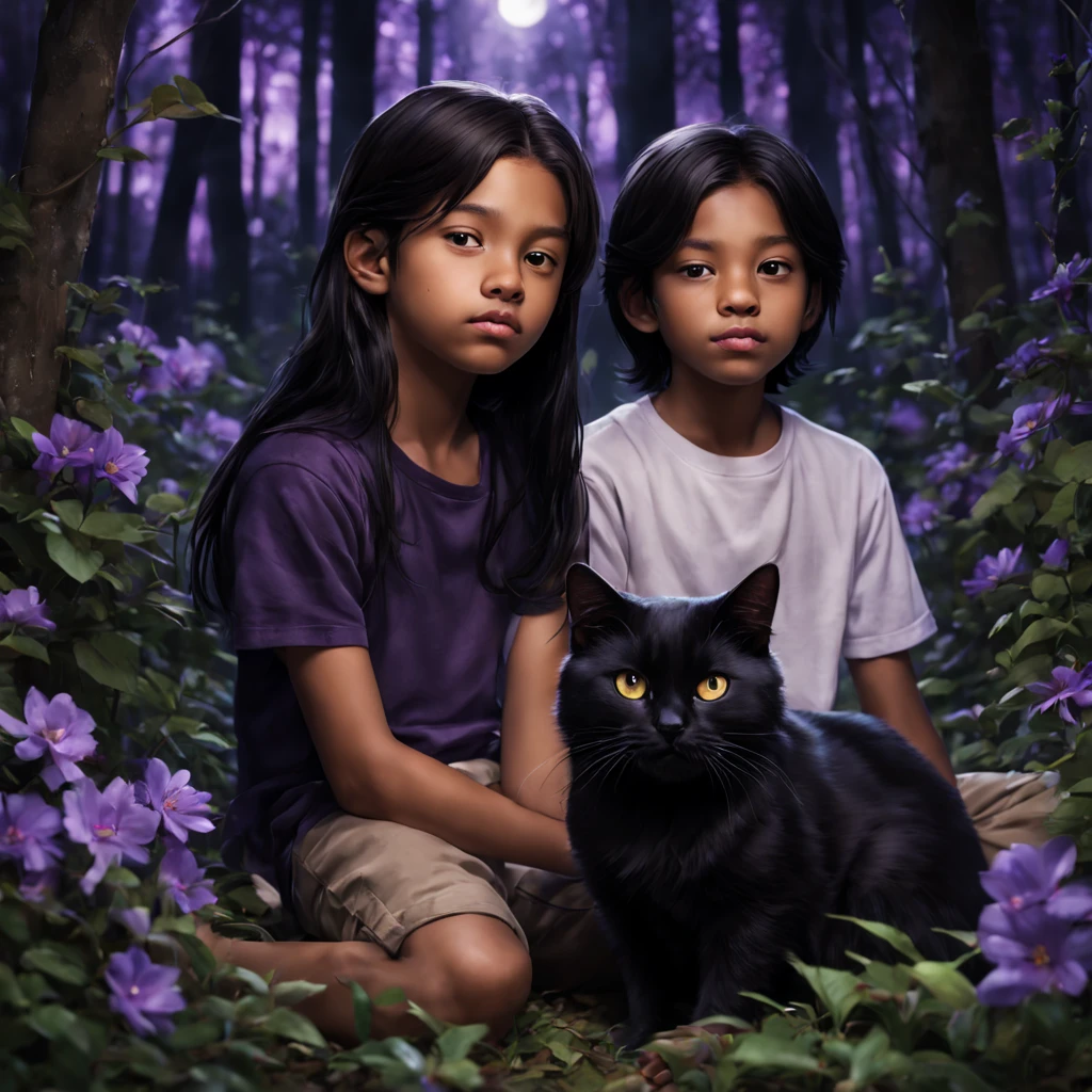 close-up view: two boys, light brown skin color, black straight long hair, sitting in the night forest in a clearing with purple flowers, one black cat sits next to them