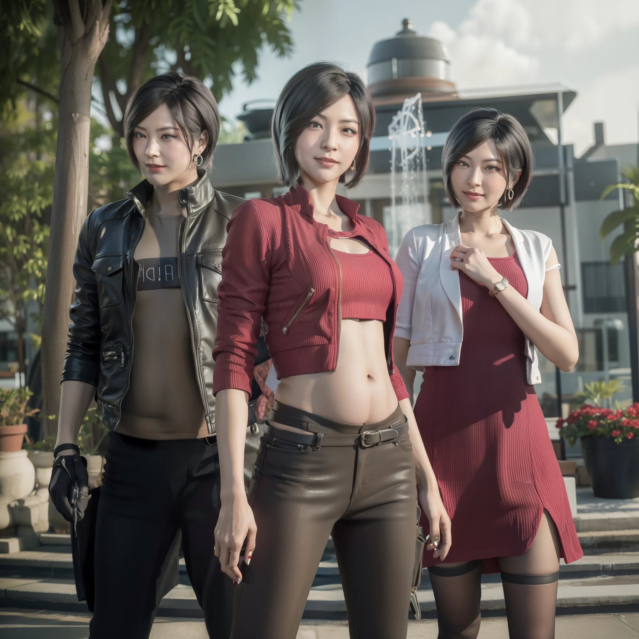 Ada wong ,Woman, wearing mini red dress, bob hair, Wearing Earrings, red polish, glare, pregnant, happy expression, smiling