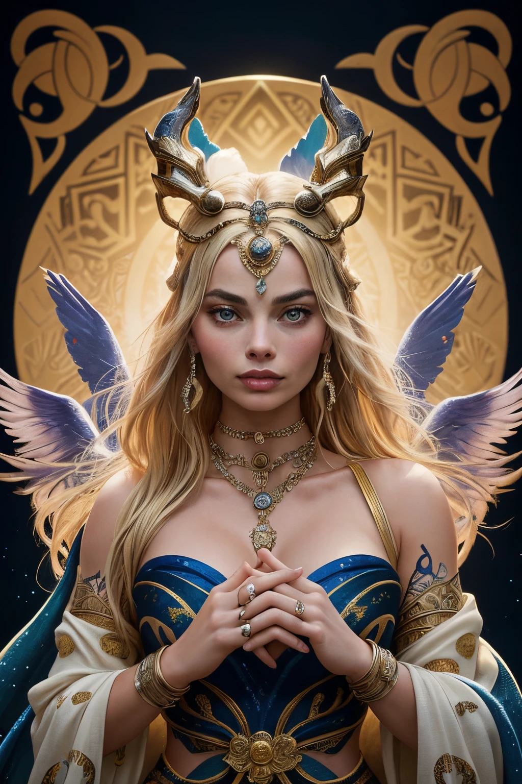 "Generate an AI-powered artwork that envisions Margot Robbie as a mythical figure drawn from the rich tapestry of mythology. Picture her adorned in ethereal attire, blending elements of various mythologies to create a unique and fantastical ensemble. Imagine her surrounded by symbolic motifs and creatures from mythology, each representing facets of her charisma and talent. Incorporate elements that embody both strength and grace, capturing the essence of mythical beings. Utilize a color palette inspired by the hues of ancient myths, invoking a sense of timelessness and wonder. The final image should be a visual ode to Margot Robbie as a contemporary muse embodying the allure and mystery of mythical realms."
