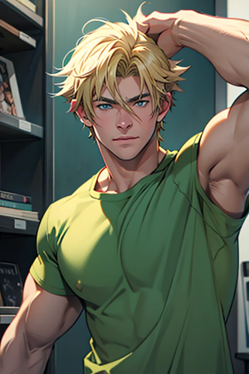 A cool 18 year old inspired by Chris Hemsworth, blonde hair, green shirt, gray cause