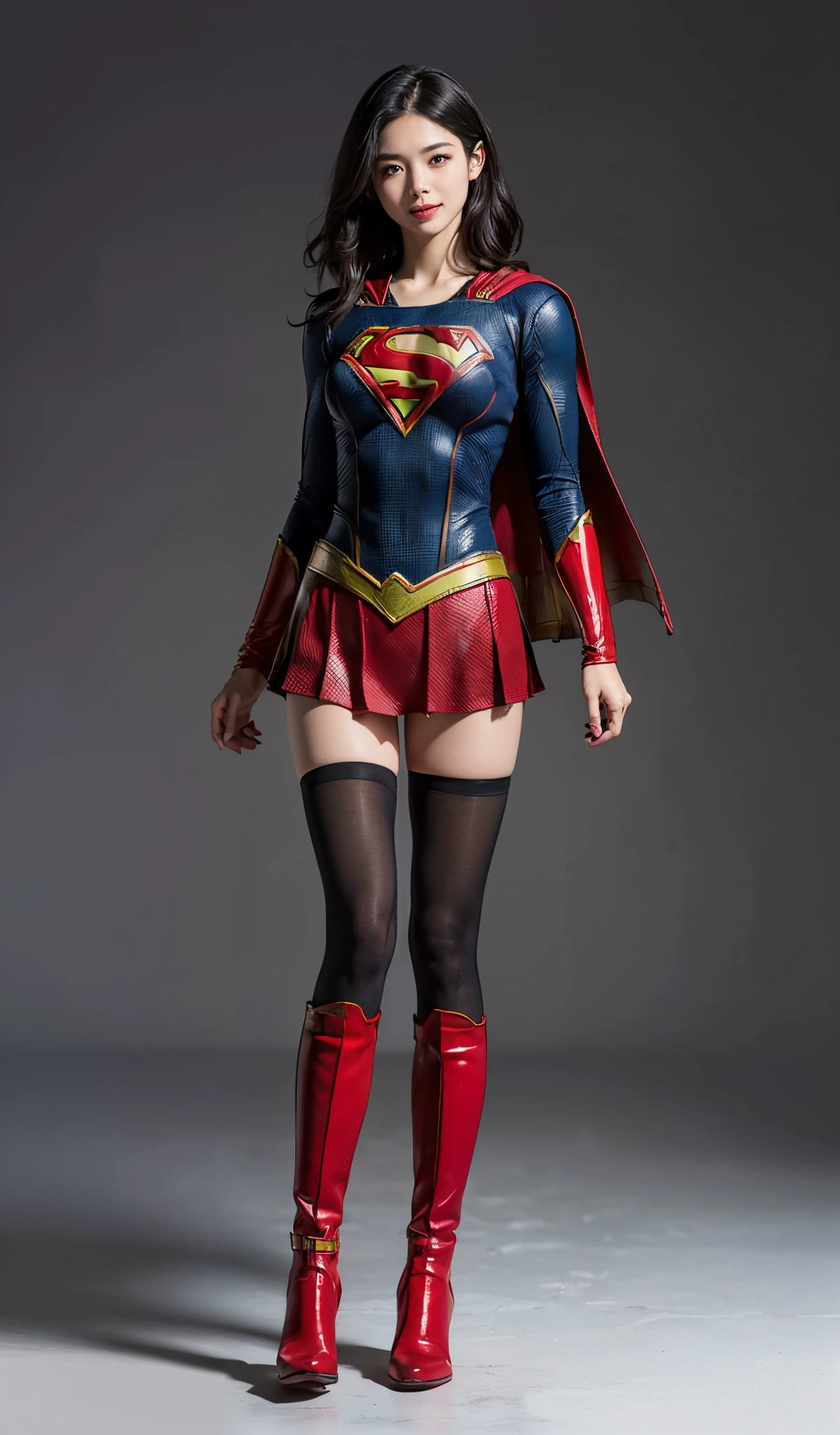Suffering、mouth is always open sloppily、Drool is always dripping from my mouth、Asian Beautiful Girl、(((Wear black tights on your beautiful legs.)))、(((beauty legs)))、(((facial expression of smile)))、((((Make the most of the original image)))、(((Supergirl Costume)))、(((a short bob、beautiful hairl)))、(((Suffering)))、(((Feet must necessarily be worn with black tights)))、(((You need to wear red boots)))、((Top image quality、8K))、((top-quality、8K、​masterpiece:1.3))、(((Keep your background simple)))、Crisp focus:1.2、Beautiful woman with perfect body shape:1.4、Slender Abs:1.2、a wet body:1.5、Highly detailed facial and skin texture、8K、beauty legs
