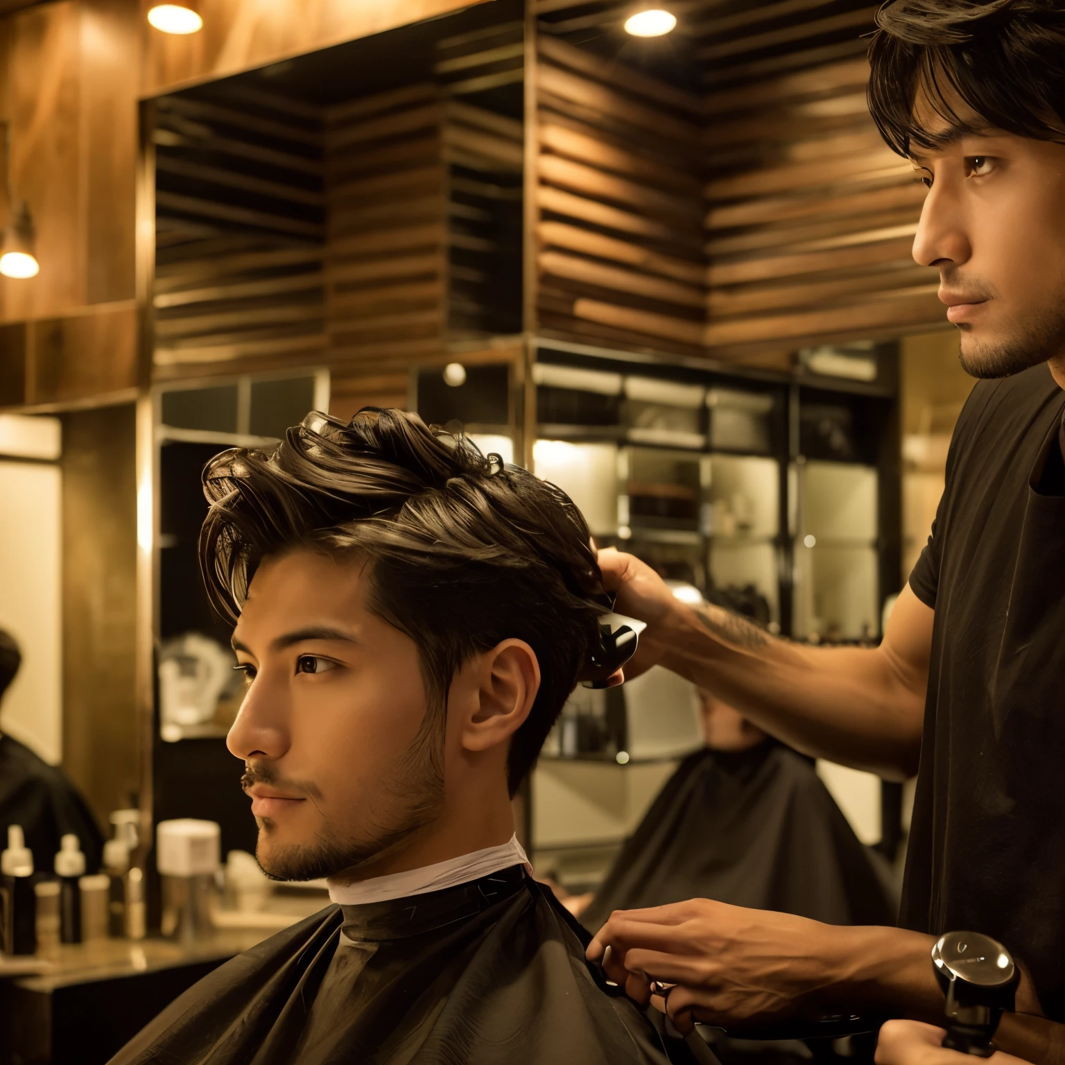 It depicts a hairdresser giving a stylish and cool haircut to a male customer in a modern Japanese beauty salon.。。A salon with a modern, men&#39;s-like atmosphere..、Suitable for achieving a sophisticated casual style。