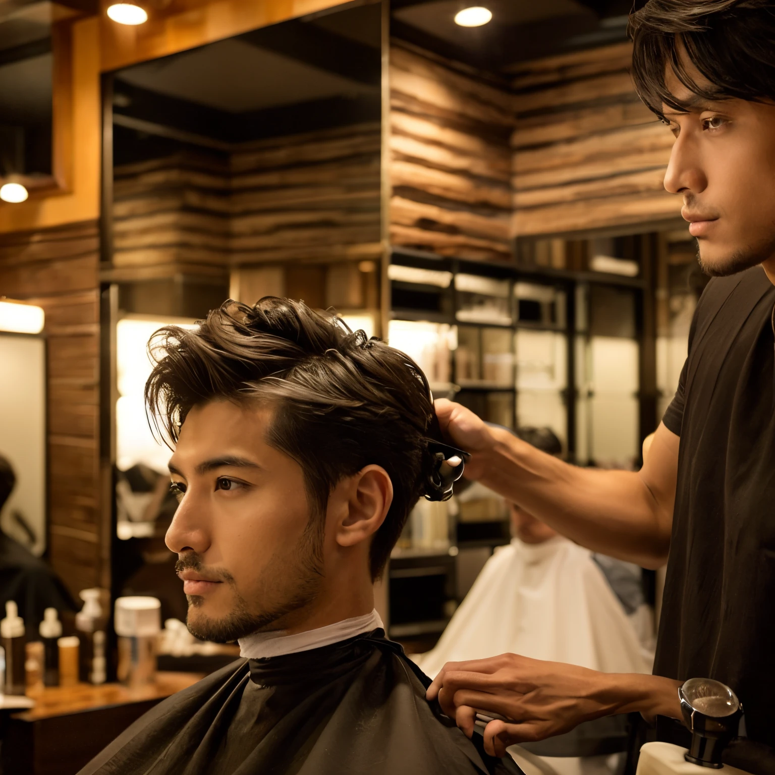 It depicts a hairdresser giving a stylish and cool haircut to a male customer in a modern Japanese beauty salon.。。A salon with a modern, men&#39;s-like atmosphere..、Suitable for achieving a sophisticated casual style。