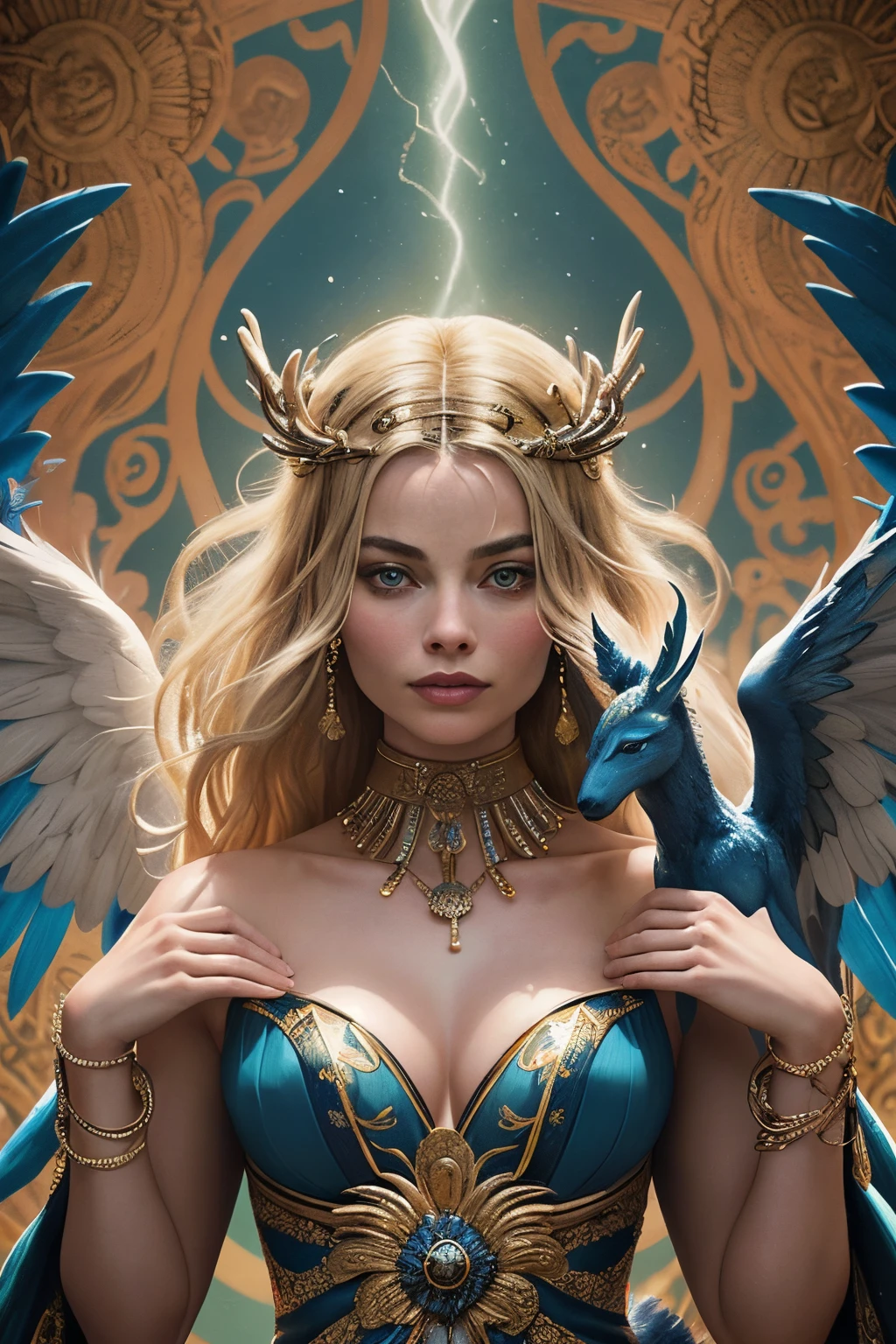 "Generate an AI-powered artwork that envisions Margot Robbie as a mythical figure drawn from the rich tapestry of mythology. Picture her adorned in ethereal attire, blending elements of various mythologies to create a unique and fantastical ensemble. Imagine her surrounded by symbolic motifs and creatures from mythology, each representing facets of her charisma and talent. Incorporate elements that embody both strength and grace, capturing the essence of mythical beings. Utilize a color palette inspired by the hues of ancient myths, invoking a sense of timelessness and wonder. The final image should be a visual ode to Margot Robbie as a contemporary muse embodying the allure and mystery of mythical realms."