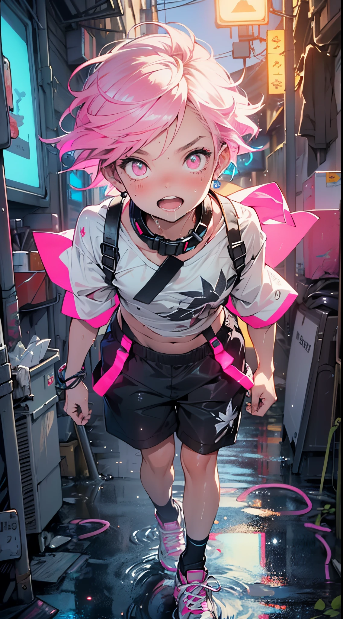 (1child:1.3),(1boy:1.5),-yeld,teger,femboy,Libido boy,Female physiognomy,

little boittle boy,boy,d only,child,1b(malender:1))pink hair,short detailed hair,(((neon_pink_eyes:1.3))),intricate eyes,beautiful detailed eyes,symmetrical eyes,big eyes:1.5,child's chest,((kid body,a little chubby,good anatomy,accurate body proportions,detailed shota body for young boy,perfect anatomy))),

serious and thoughtful man,(nsfw),

flat chest,((fat)),(((lustrous skin:1.5,bright skin: 1.5,skin tanned,shiny skin,very shiny skin,shiny body,plastic glitter skin,exaggerated shiny skin,illuminated skin,wet legs))),(detailed body),

collar around his neck,The collar is attached to a thick dog leash,(tiny bulge on pants),Sweatshirt,revealing clothing,show skin,(micro clothes,rave fashion,visible thong straps,accessories LED),((underpants strap)),((wet clothes,intricate outfit,intricate clothes)),

(dynamic pose:1.0),solo focus,(embarrassed,open mouth),(centered,scale to fit dimensions,Rule of thirds),

cyberpunk city by the ocean at night, with bright neon signs and dark stormy clouds and puddles, scenery:1.25,nighttime, starry night, cosmos,Very dark night that makes the neon lights stand out, very bright neon lights,nighttime, starry night, cosmos,

artistic photography,(photography taken by sldr),highres, sharp focus,(ultra detailed, extremely detailed), (photorealistic artwork:1.37),(extremely detailed CG unity 8k wallpaper),((synthwave background theme)),(((vibrant colors))),intricate,(intricate background),(masterpiece),(best quality),perfect rendered face,perfect face details,realistic face,photo realistic,analog style,((intricate detail)),(((realism))),