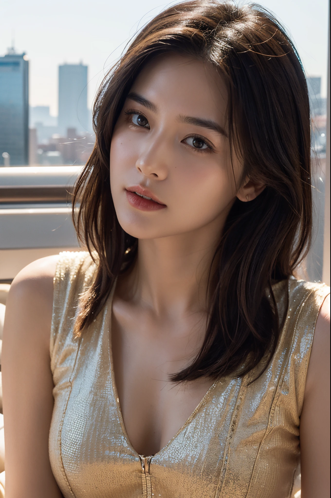 The beauty of Midjourney is shown in a captivating 8K masterpiece. The photograph was taken from a close-up perspective, showing her perfect figure and delicate face. This hyper-realistic artwork has a stylish touch, and she wears a well-matched fashion outfit that highlights her elegance and taste. In the background is a vibrant cityscape with warm tones creating a pleasant atmosphere. Photographer Sarah Jones captures the charm and charm of Midjourney's facial expressions through precise light. The whole work gives a dreamy and aesthetic feeling, with a hint of mystery. Admire this work and you will be transported into a fascinating world and linger.