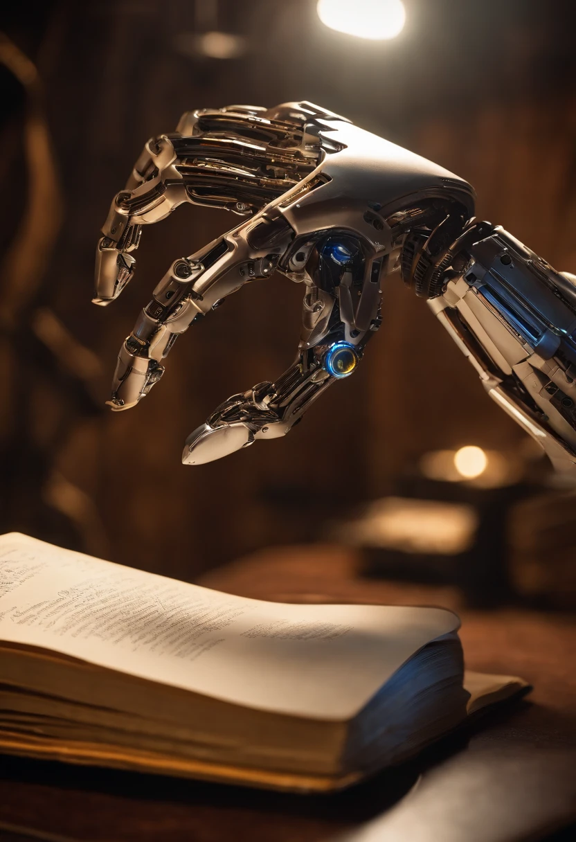 A close-up photo of a robot arm flipping through a book of Shakespearean sonnets,Portal series,GLaDOS is a robot suspended from the ceiling