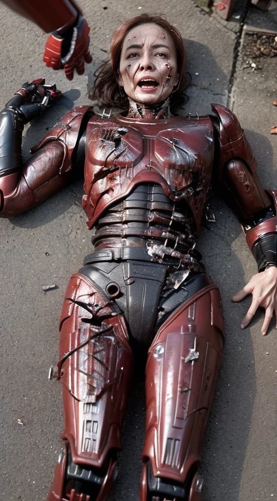 ((lying on your back on the ground))((Fulll body Shot))Woman Sweaty face、red weight robot suit、full red armor, iron man cyborg、、Open the legs、((heavily damaged armor))、Opening Mouth、、((pinch.)) sexy eye Cracks in the ground、Blood from the mouth、(((The whole body is seriously damaged)))、groggy expression、bleeding from the body