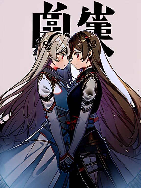 Two girls、Kamui FE、to stand、Face each other in the center and hold hands、stare at each other、The background is bright on the right and dark on the left.、Light and Darkness、Lots of soldiers in the background、high-level image quality