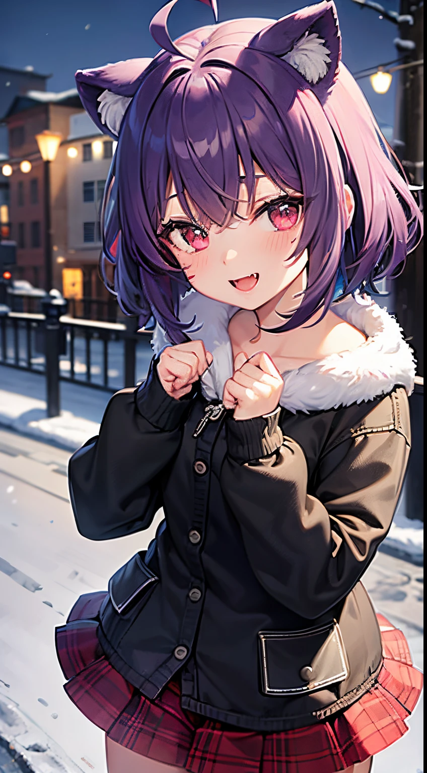 1girl, solo, animal ears, pose, happy, smiling, fangs, purple bear ears, purple hair, ahoge, bangs, short hair, original character, pink eyes, magenta eyes, red eyes, multicolor eyes, short hair, wavy hair, swept bangs, small breasts, flat chest, bear ears, tired, sleepy, bags under eyes, beauty mark, young, loli, short eyebrows, winter, cold, frost, snow, sweater, fully clothed, bundled, layered, cozy, detailed background, ultra 4k hd, ultra detailed background, dynamic lighting, detailed lighting, 4k lighting